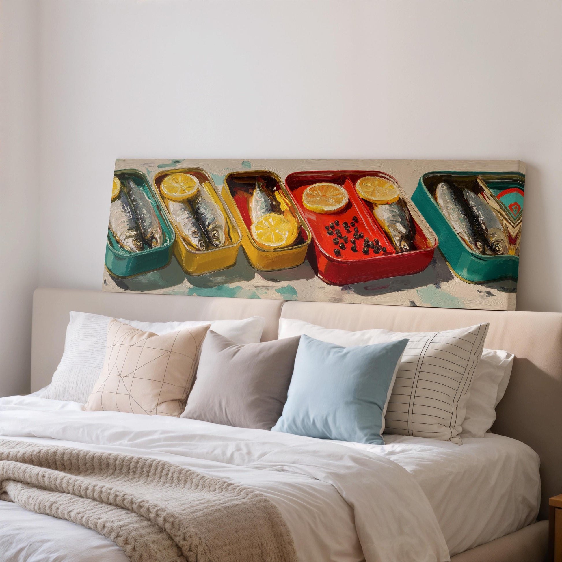 a large painting of fish in colorful containers on a wall above a bed with white linens and pillows.