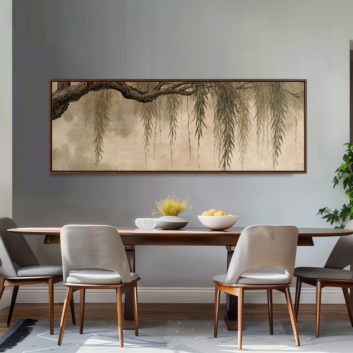 Hanging willow branches long horizontal canvas print above a dining table