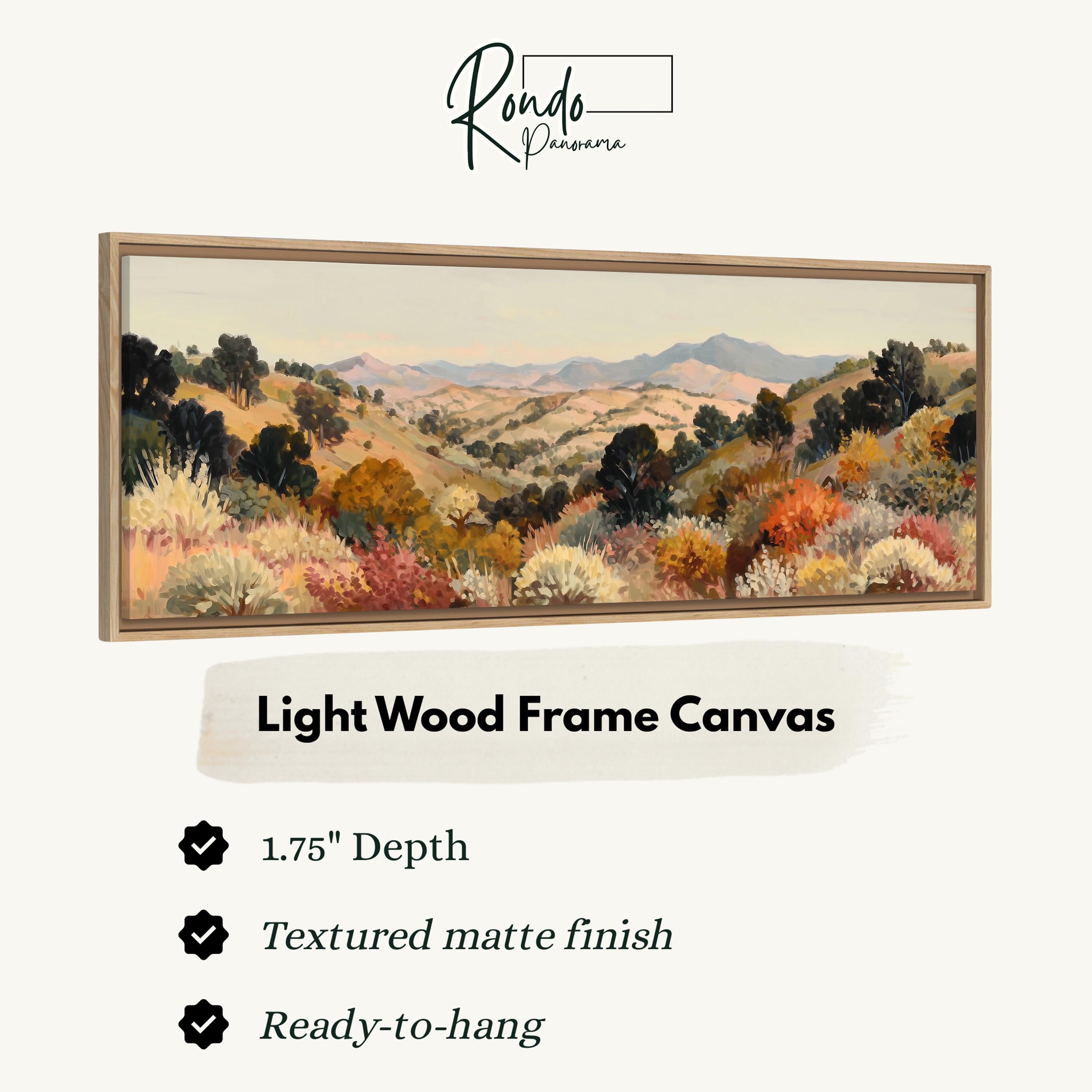 The image is a framed painting depicting a landscape with mountains and trees.