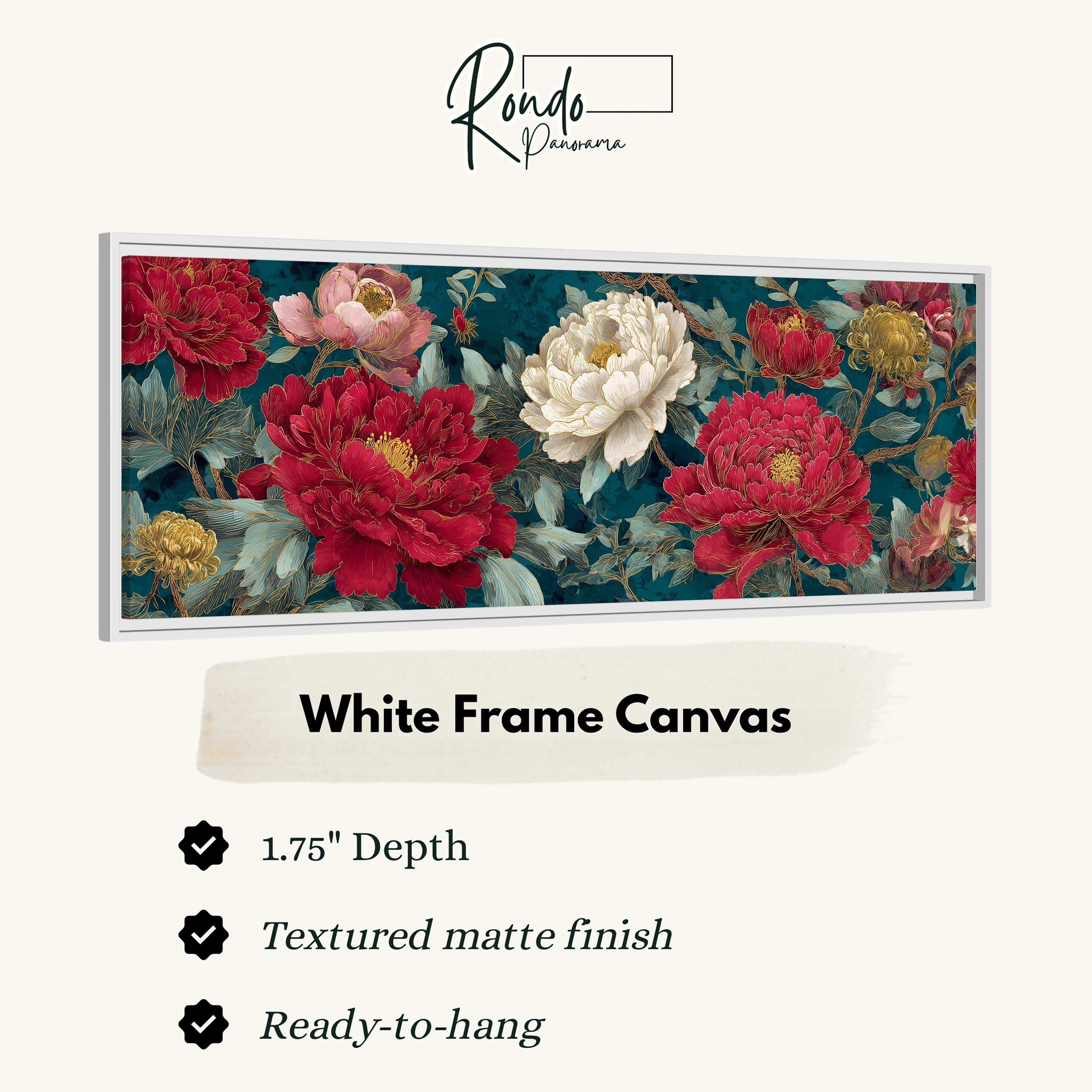 The image is a framed artwork depicting a floral design with red and white flowers against a dark green background.