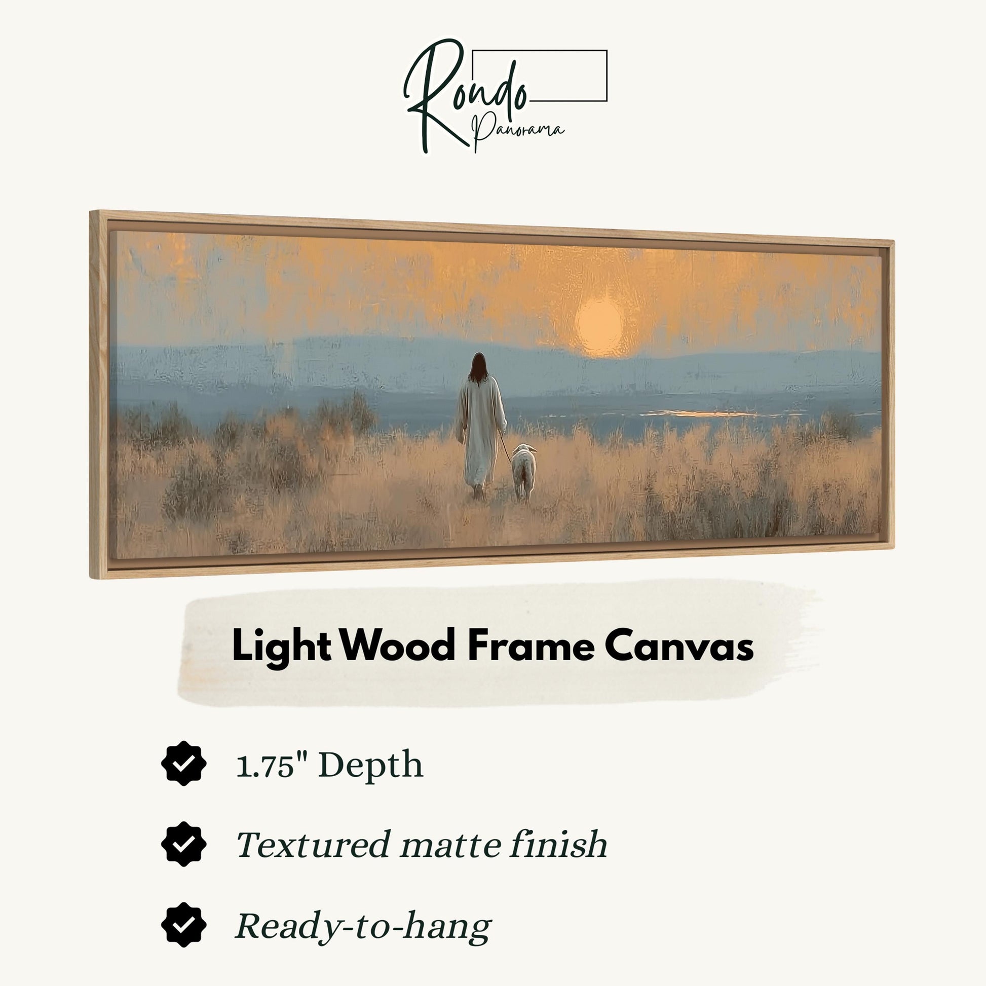 The image is a light wood frame canvas depicting a person walking with a dog in a field at sunset.