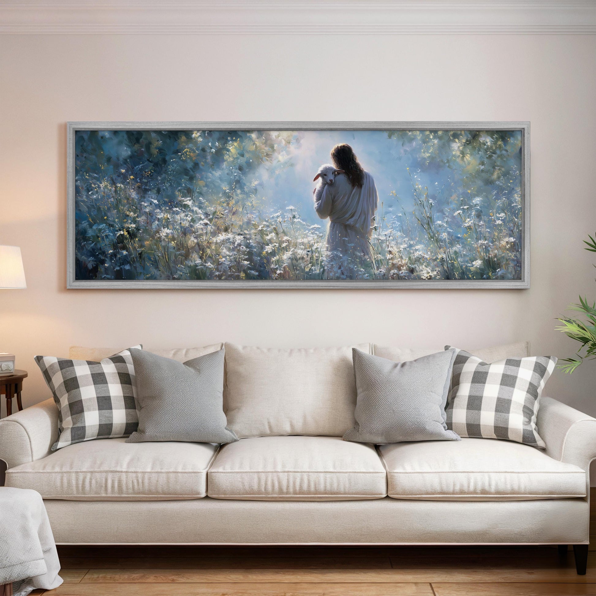 a large, framed painting of a woman standing in a field of flowers, with a serene and peaceful atmosphere.