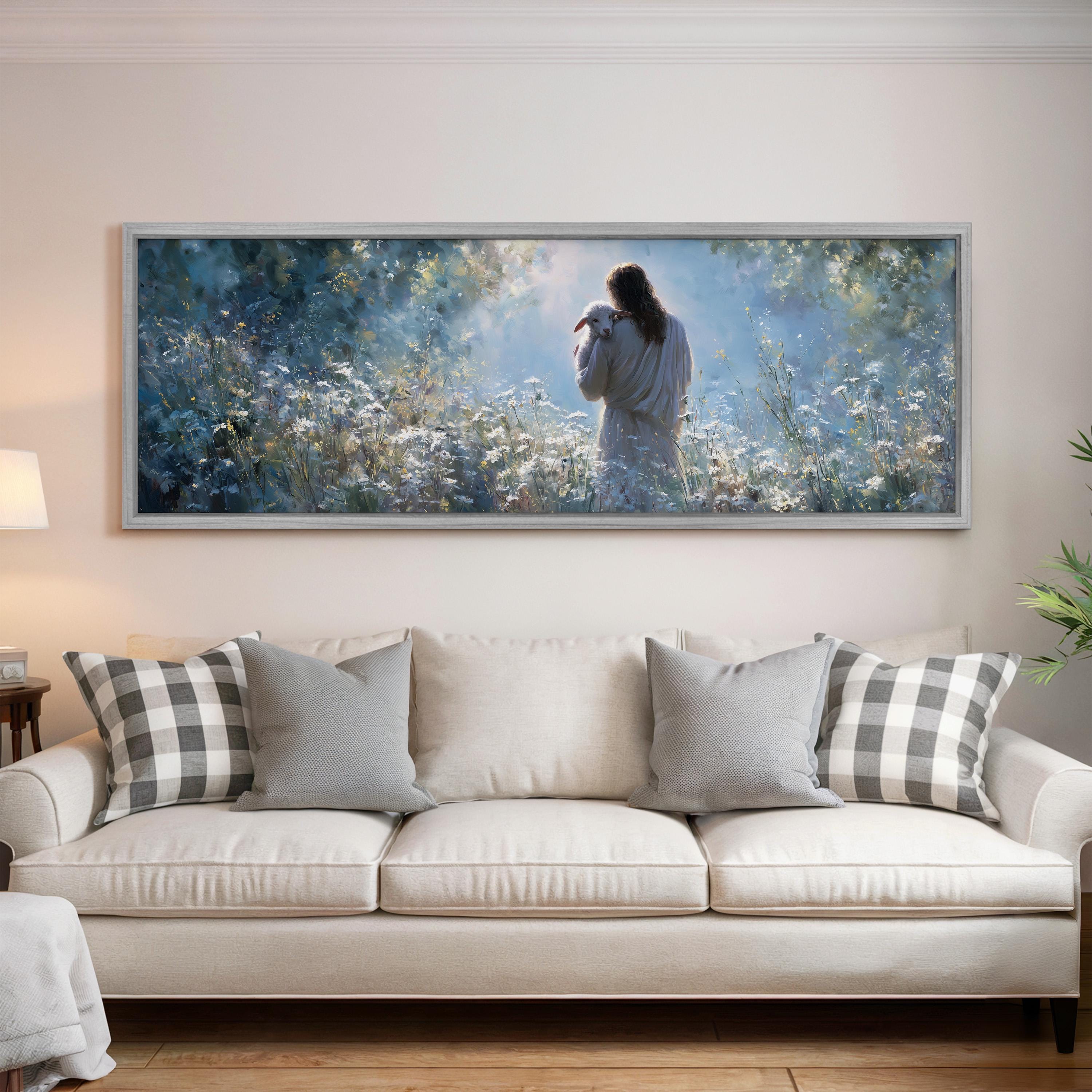 a large, framed painting of a woman standing in a field of flowers, with a serene and peaceful atmosphere.