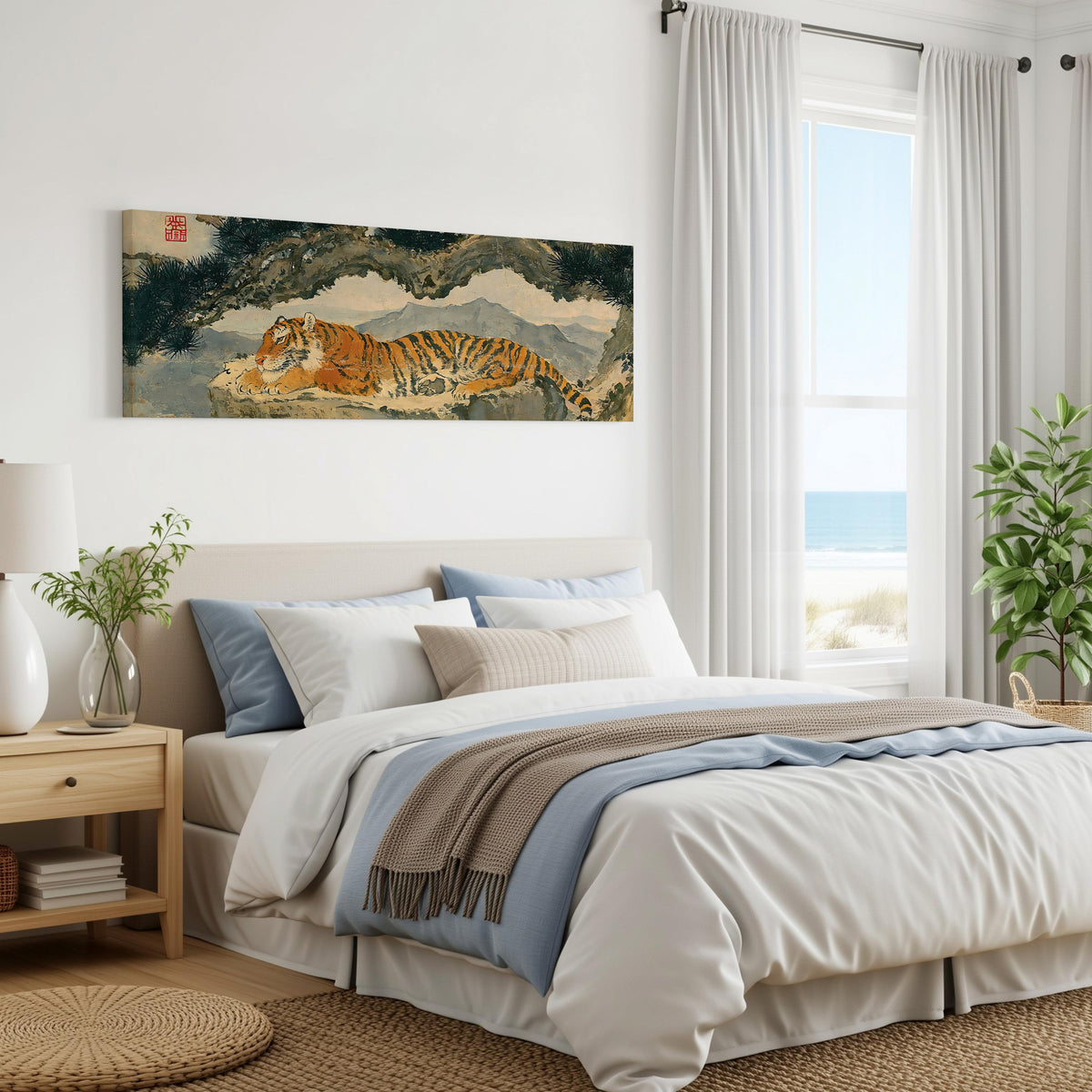 Tiger resting beneath misty pines panoramic canvas print above a bed in a coastal bedroom