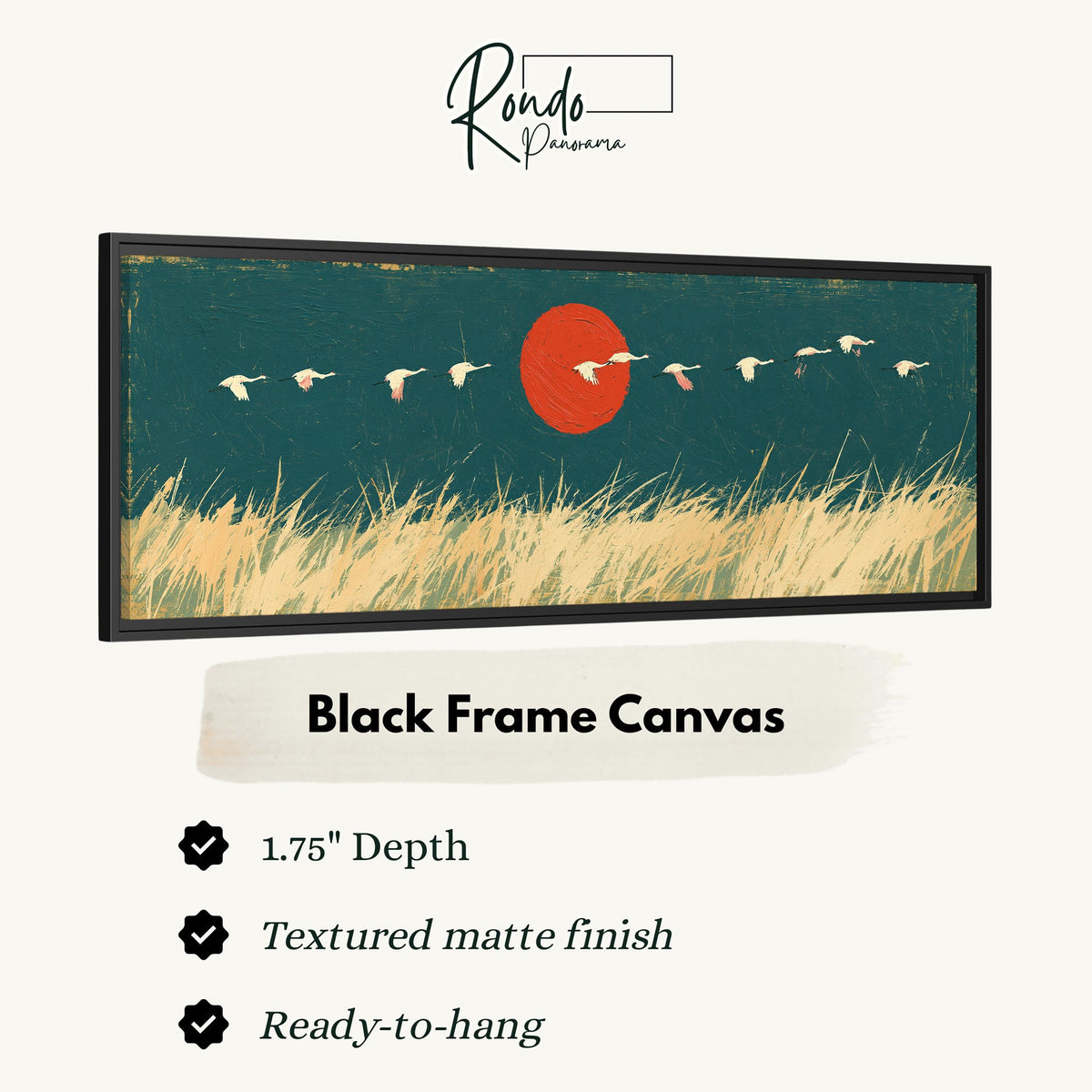 Bird flock over a prairie under a red sun canvas print in a black floating frame
