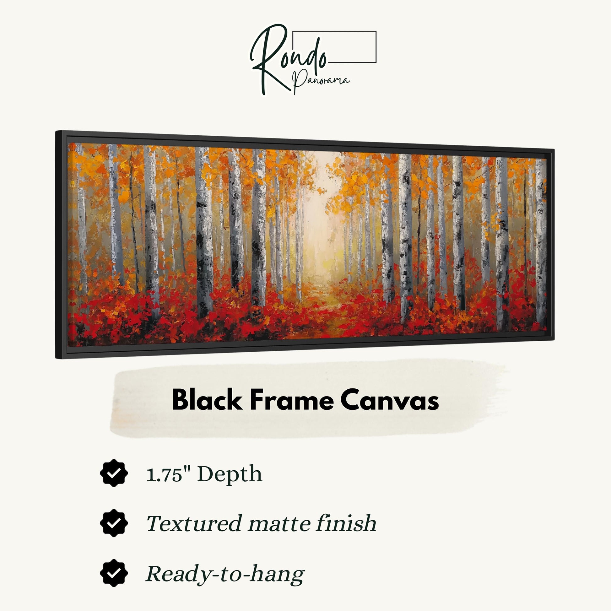 The image is a black frame canvas depicting a forest with tall trees and red leaves.