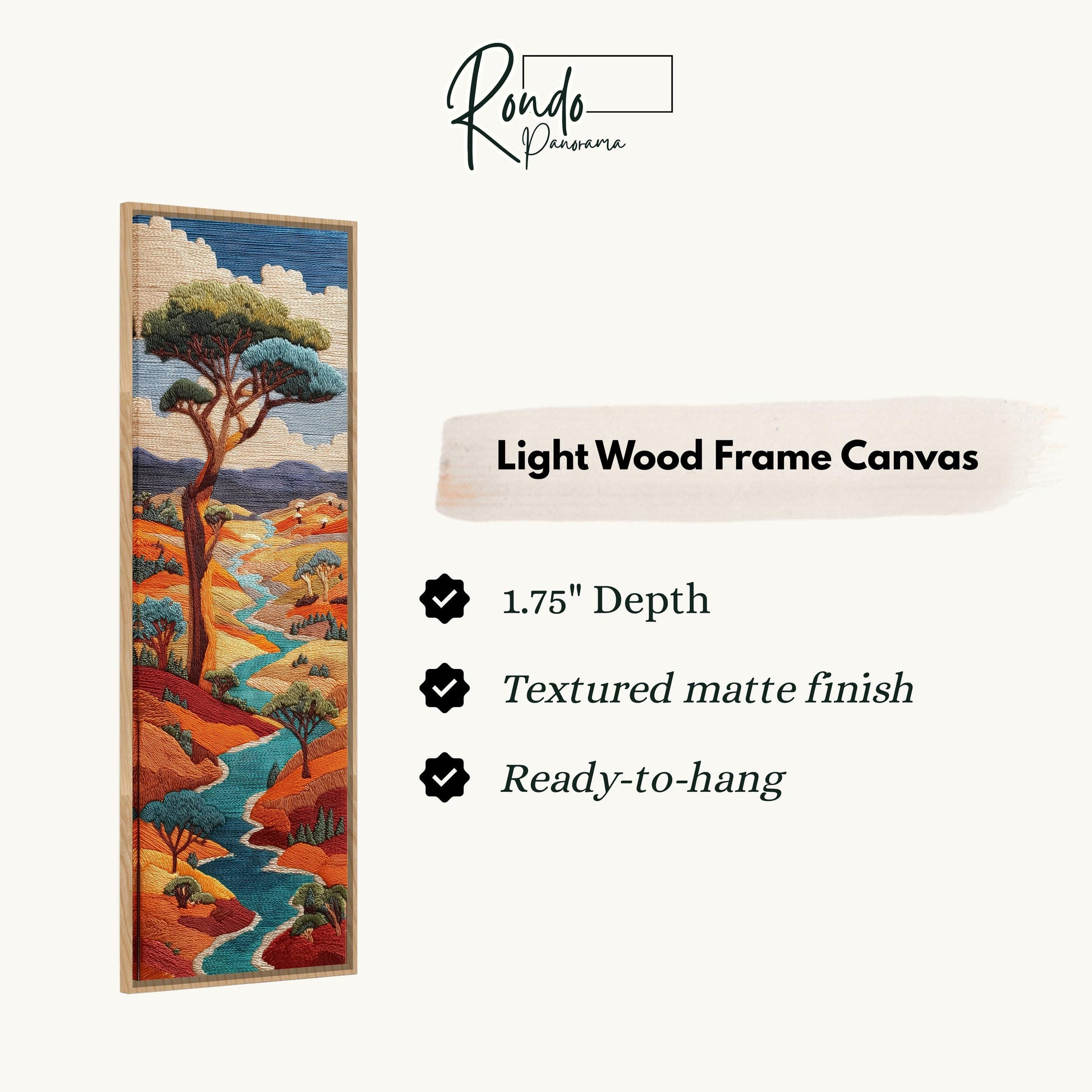 The image is a light wood frame canvas depicting a landscape with a river and mountains.