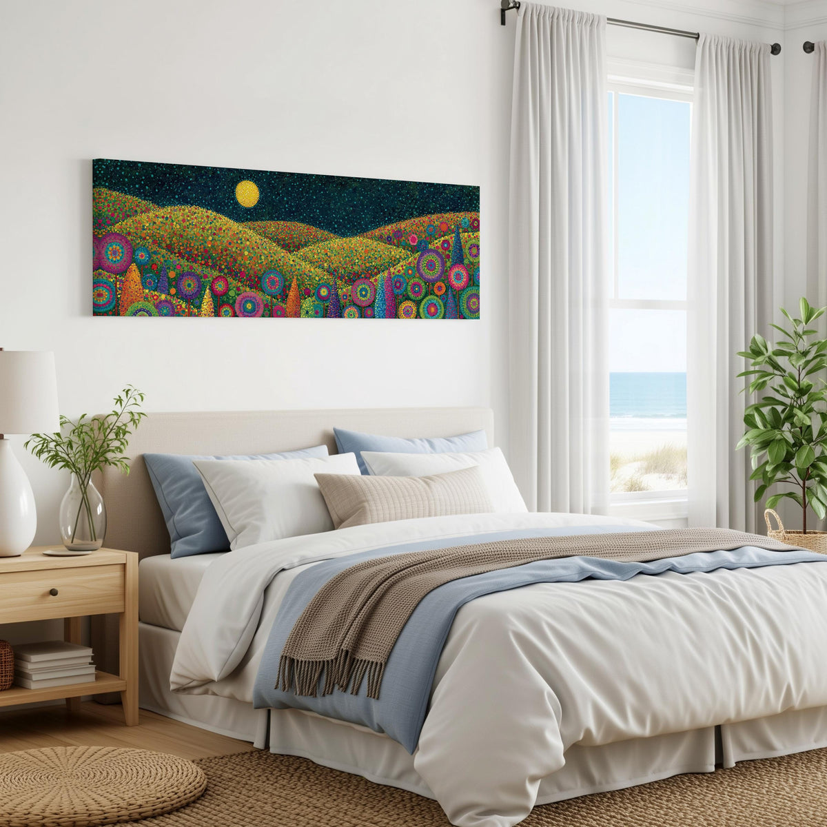 Moonlit flower hills panoramic canvas print above a bed in a coastal bedroom
