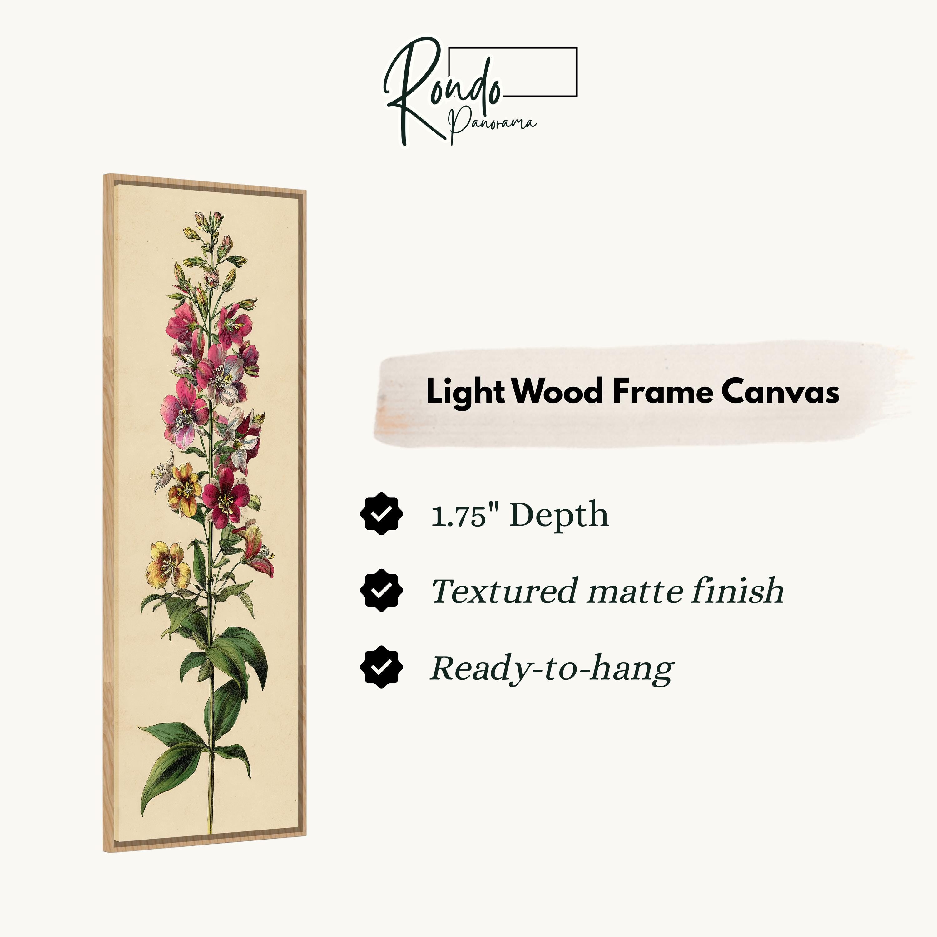 The image is a light wood frame canvas featuring a detailed illustration of a flower with multiple petals and leaves.