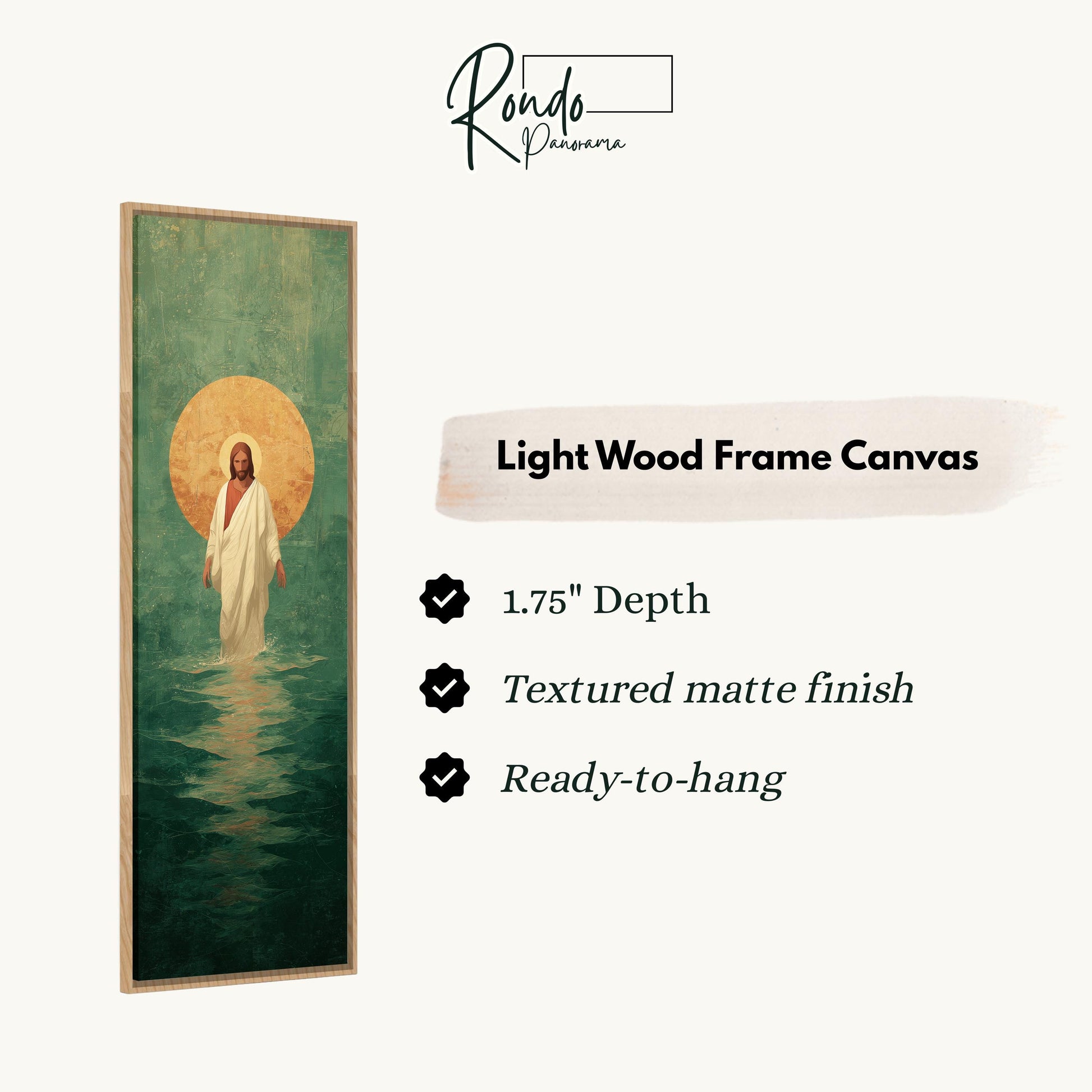 The image is a light wood frame canvas depicting a painting of Jesus Christ in the water.