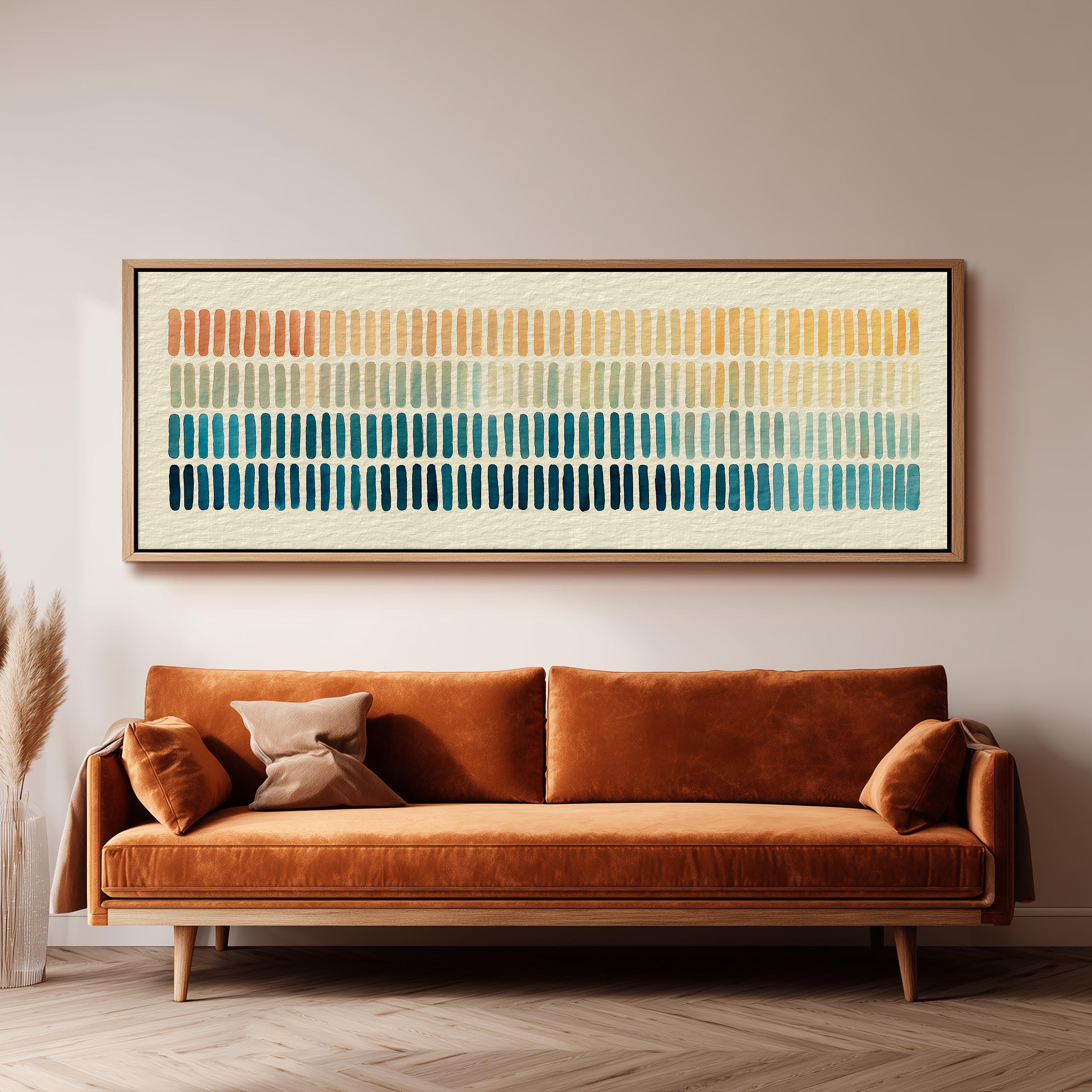 a large, rectangular abstract painting hanging on a wall above a brown sofa.