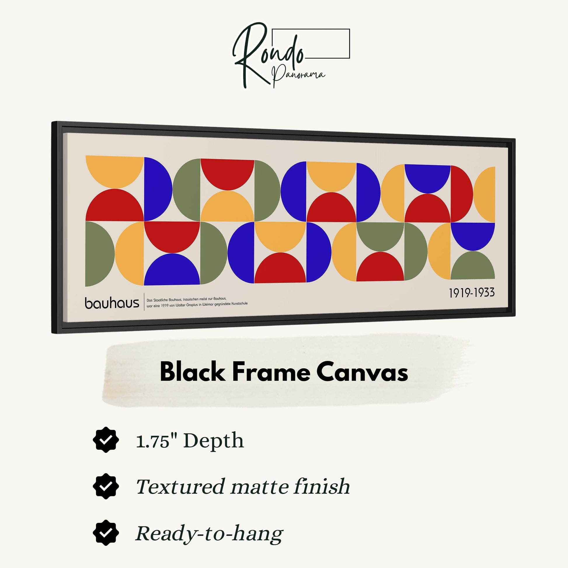 The image is a framed canvas with a geometric design of overlapping circles in various colors, including red, blue, green, and yellow.