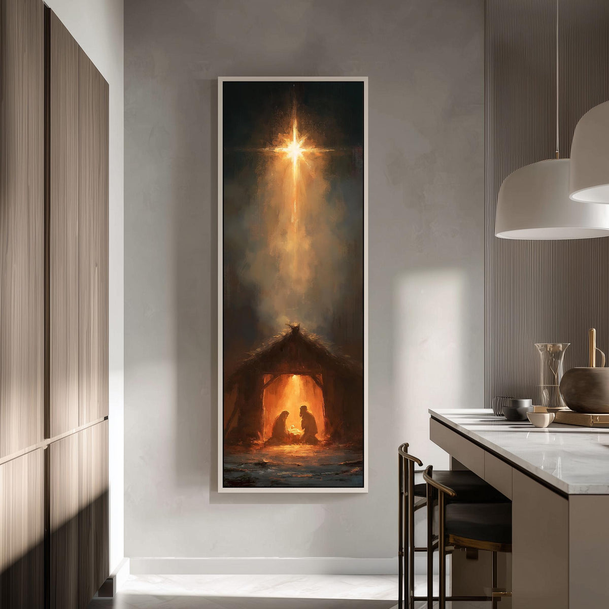 Star of Bethlehem shining over the manger tall skinny canvas print in a modern kitchen