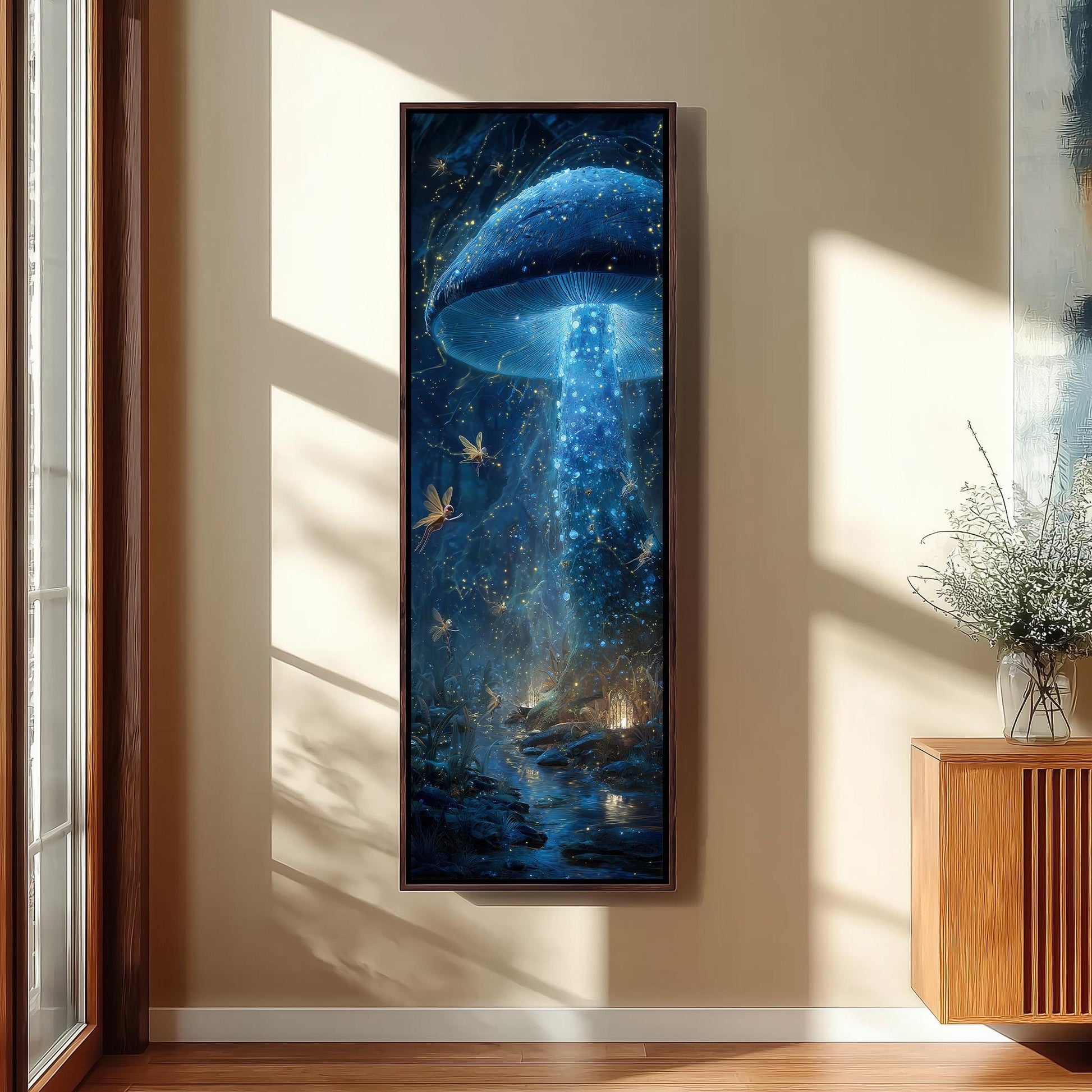 a large framed painting hanging on a wall, depicting a fantastical scene with a glowing mushroom-like object surrounded by a starry night sky and other celestial elements.