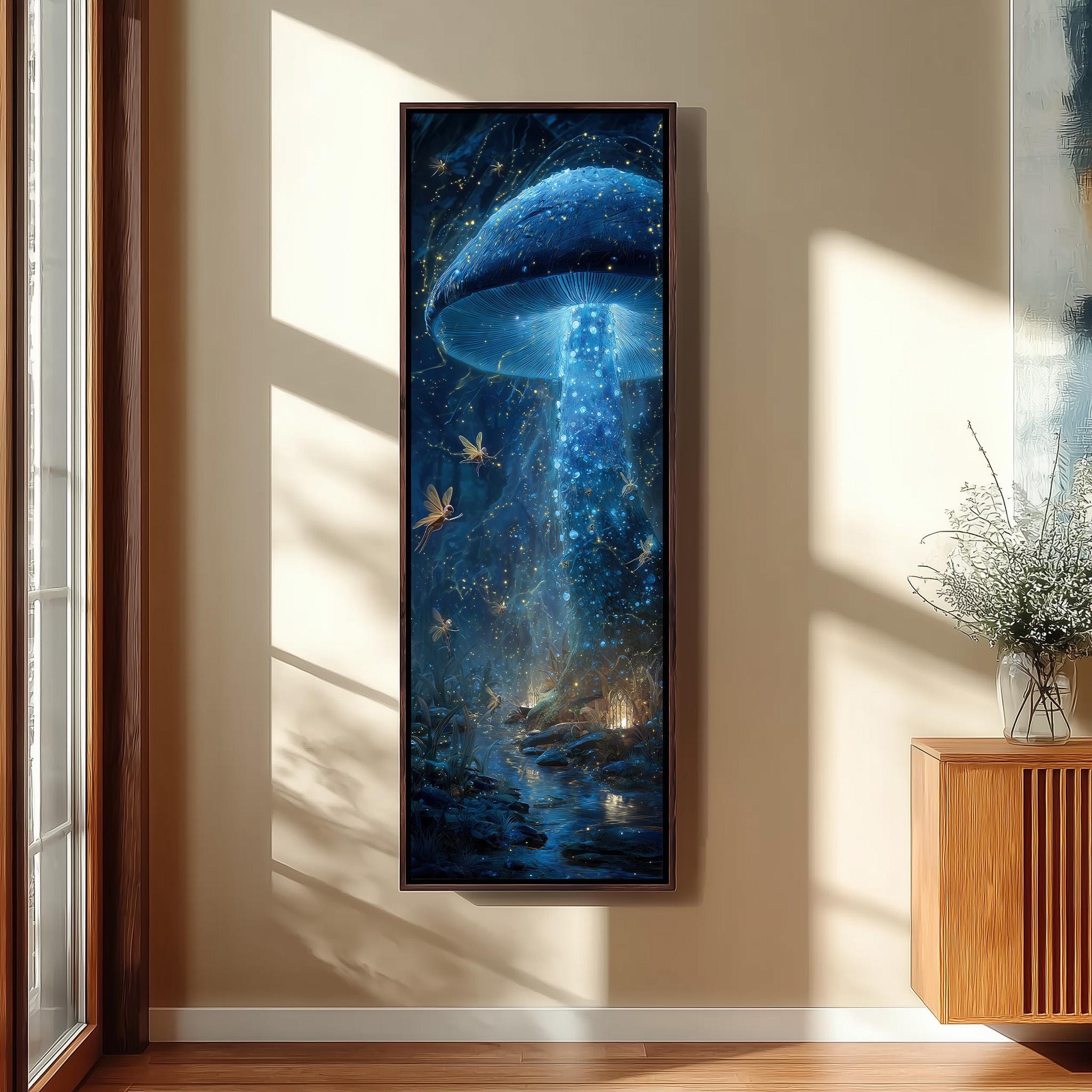 a large framed painting hanging on a wall, depicting a fantastical scene with a glowing mushroom-like object surrounded by a starry night sky and other celestial elements.