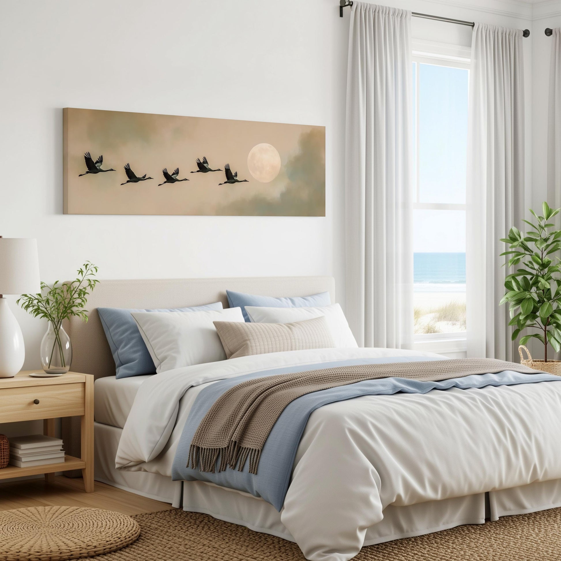 a serene bedroom scene with a large bed, a nightstand, and a painting of a flock of birds flying over a beach. The room has white walls, a large window with white curtains, and a view of the ocean.