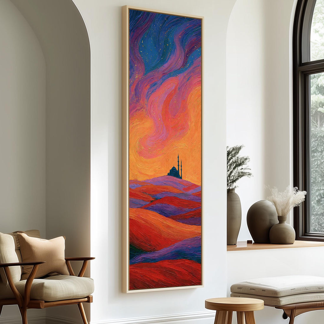 Mosque silhouette under a swirling sunset sky long vertical canvas print in a sunlit living space