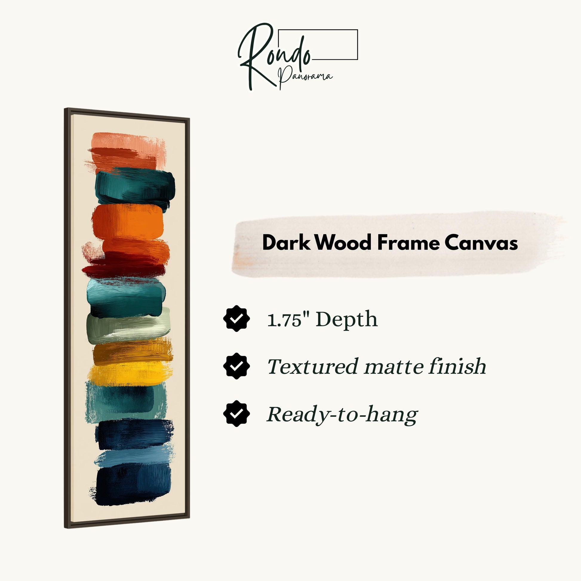 The image is a product description for a dark wood frame canvas. It features a vertical stack of colorful paint strokes in various shades of blue, orange, and green. The canvas has a 1.75" depth, a textured matte finish, and is ready to hang.
