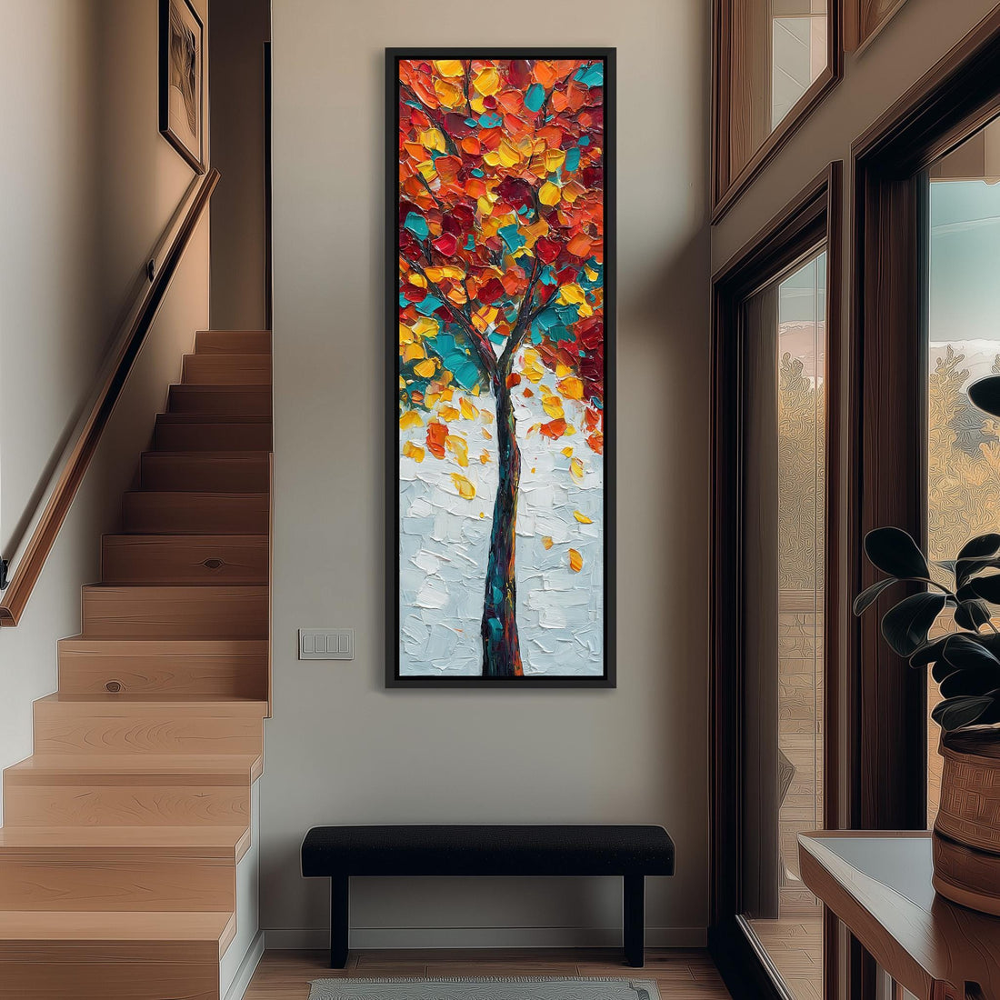 a large, colorful painting of a tree with vibrant leaves hanging on a wall in a room with a wooden floor and a window.