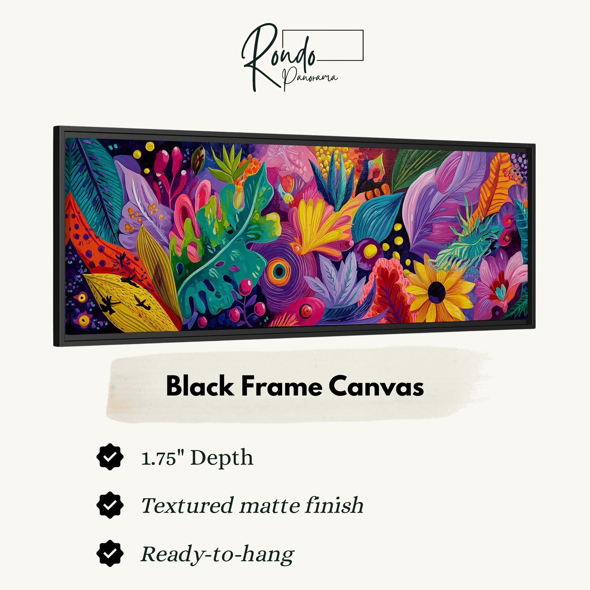 The image is a black frame canvas with a vibrant, colorful, and detailed floral and plant design.