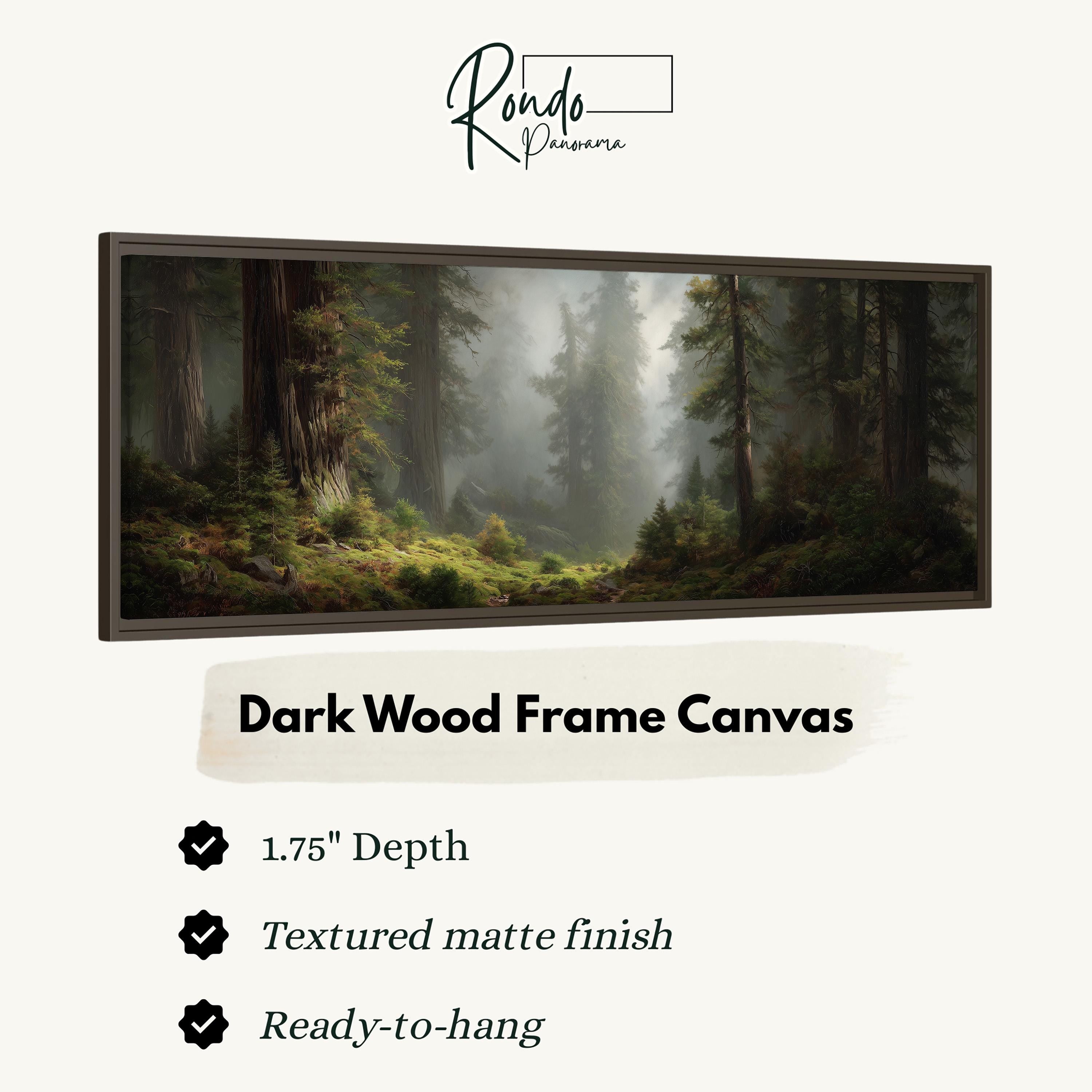 The image is a framed canvas depicting a forest scene with tall trees and a misty atmosphere.