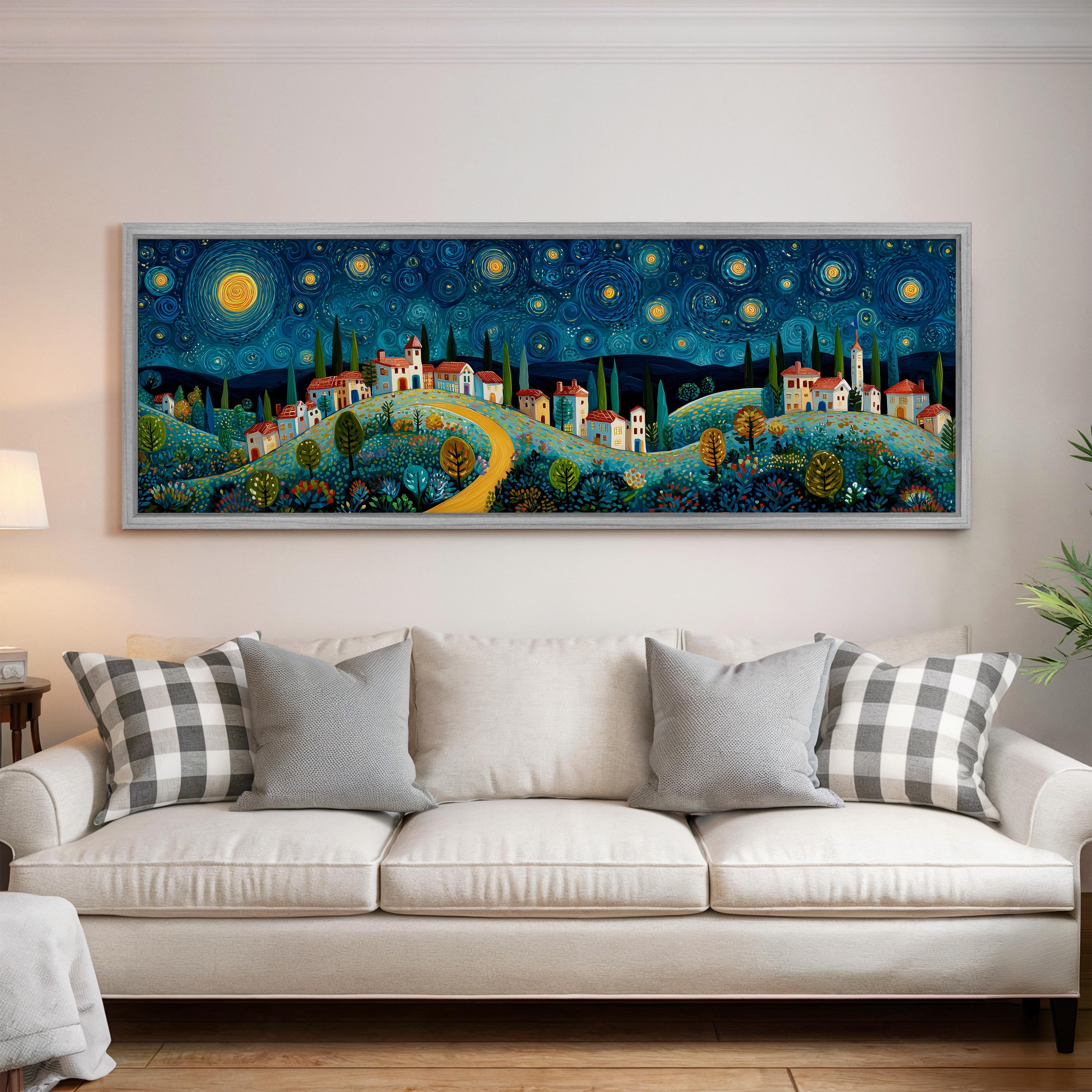 a large, colorful painting of a village scene hanging on a wall above a white couch in a living room.