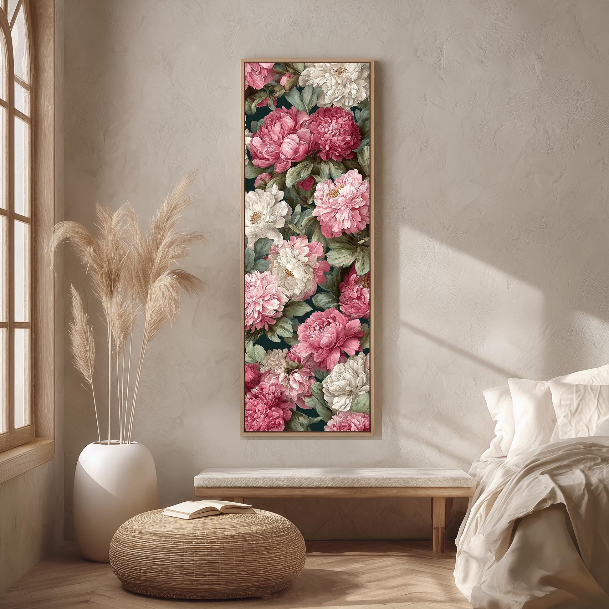 a large floral painting hanging on a wall, with a bed and a potted plant in the foreground.