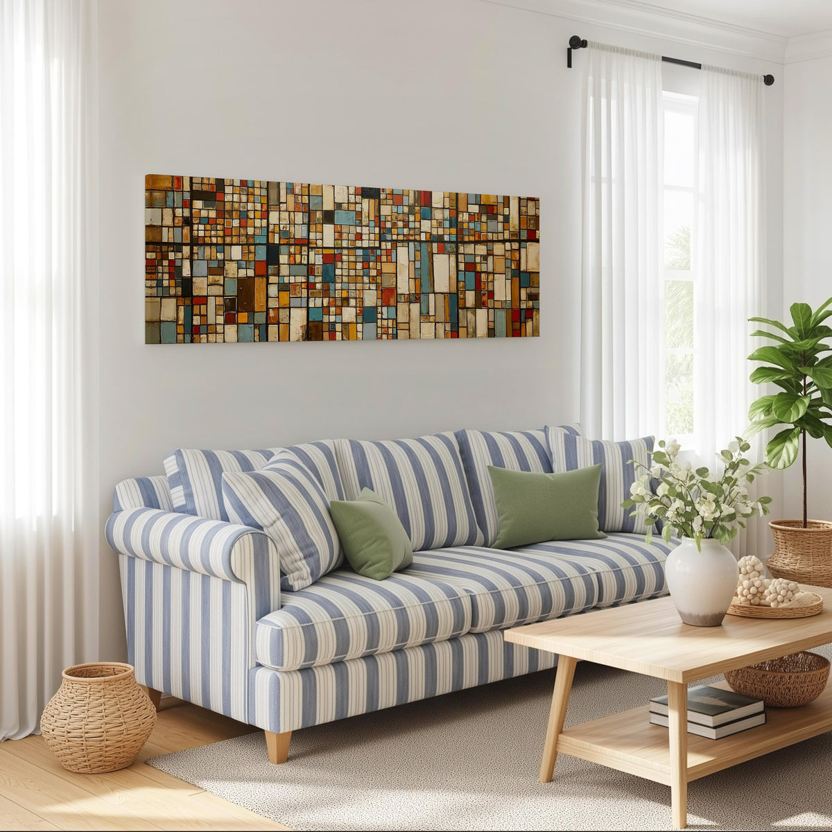 Earth tone mosaic grid in blue and ochre long horizontal canvas print above a striped sofa in a coastal living room