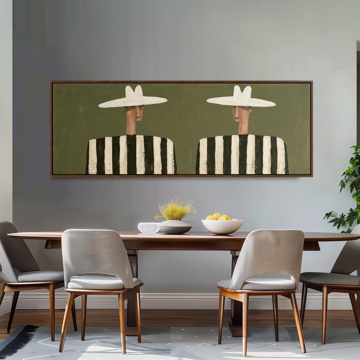 Two figures in striped shirts long horizontal canvas print above a dining table