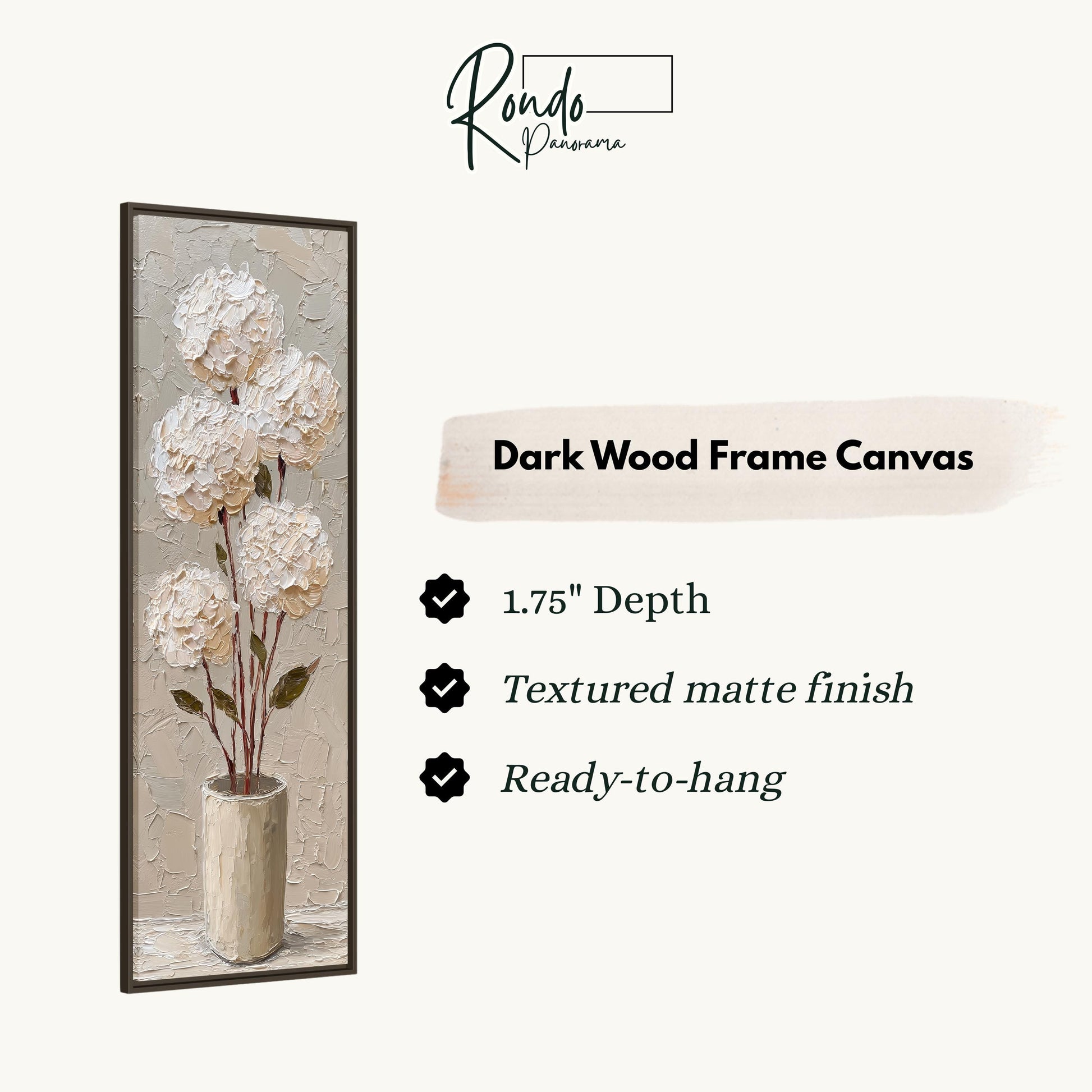 The image is a framed painting of a bouquet of white hydrangeas in a vase.