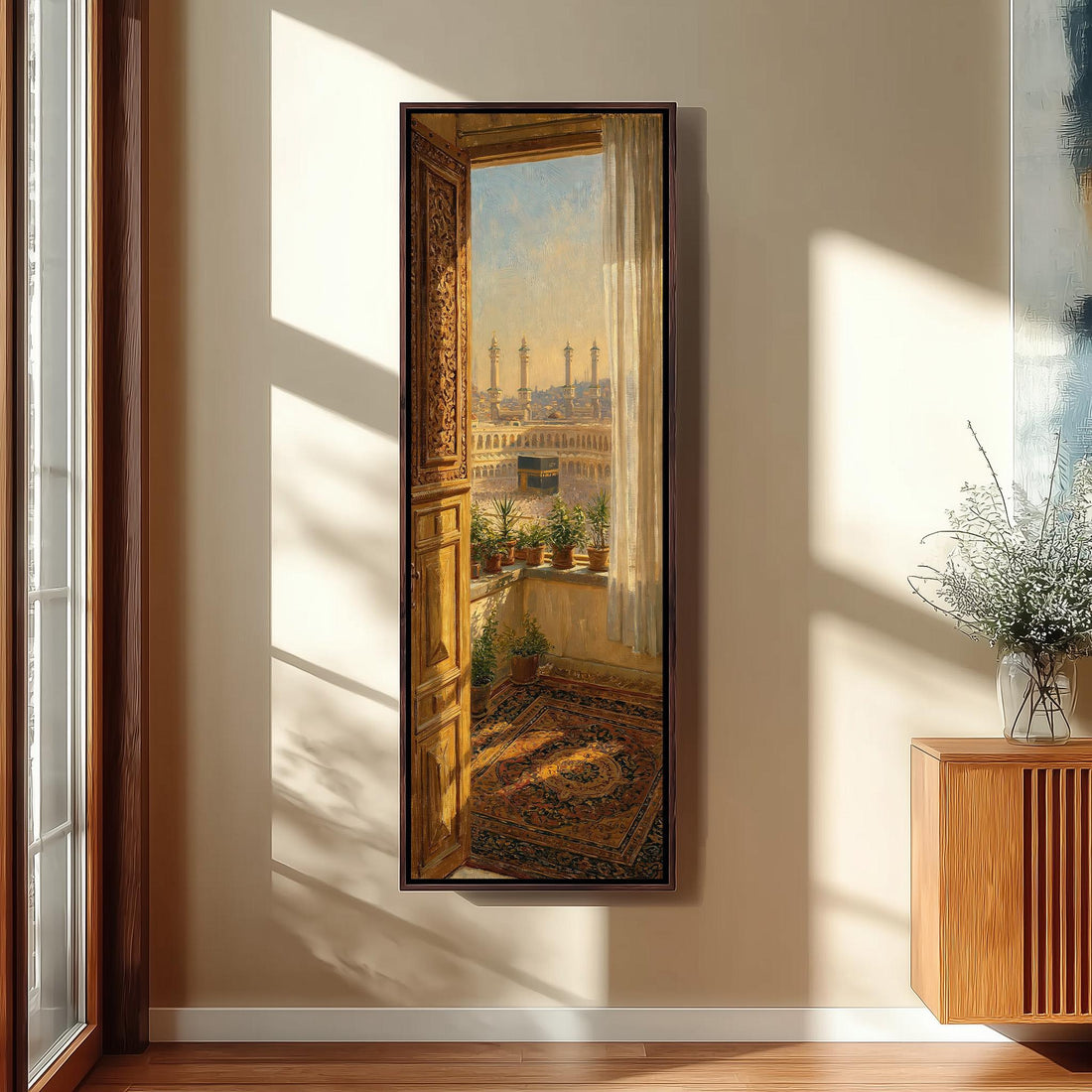 View of Mecca from an ornate window long vertical canvas print in a sunlit living space