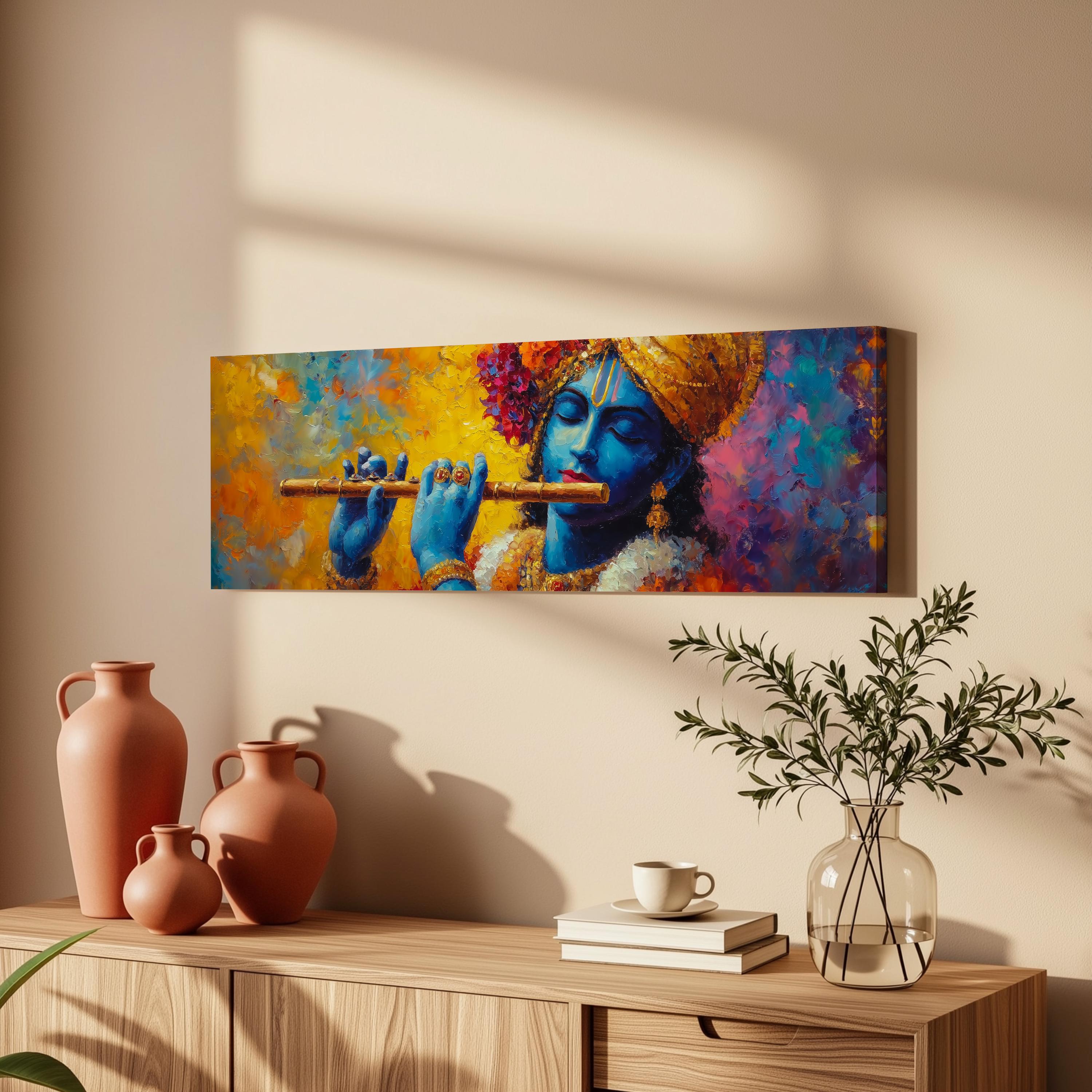 a large painting of a blue-skinned man playing a flute, hanging on a wall above a wooden dresser. The dresser has a vase, a plant, and some books on it.