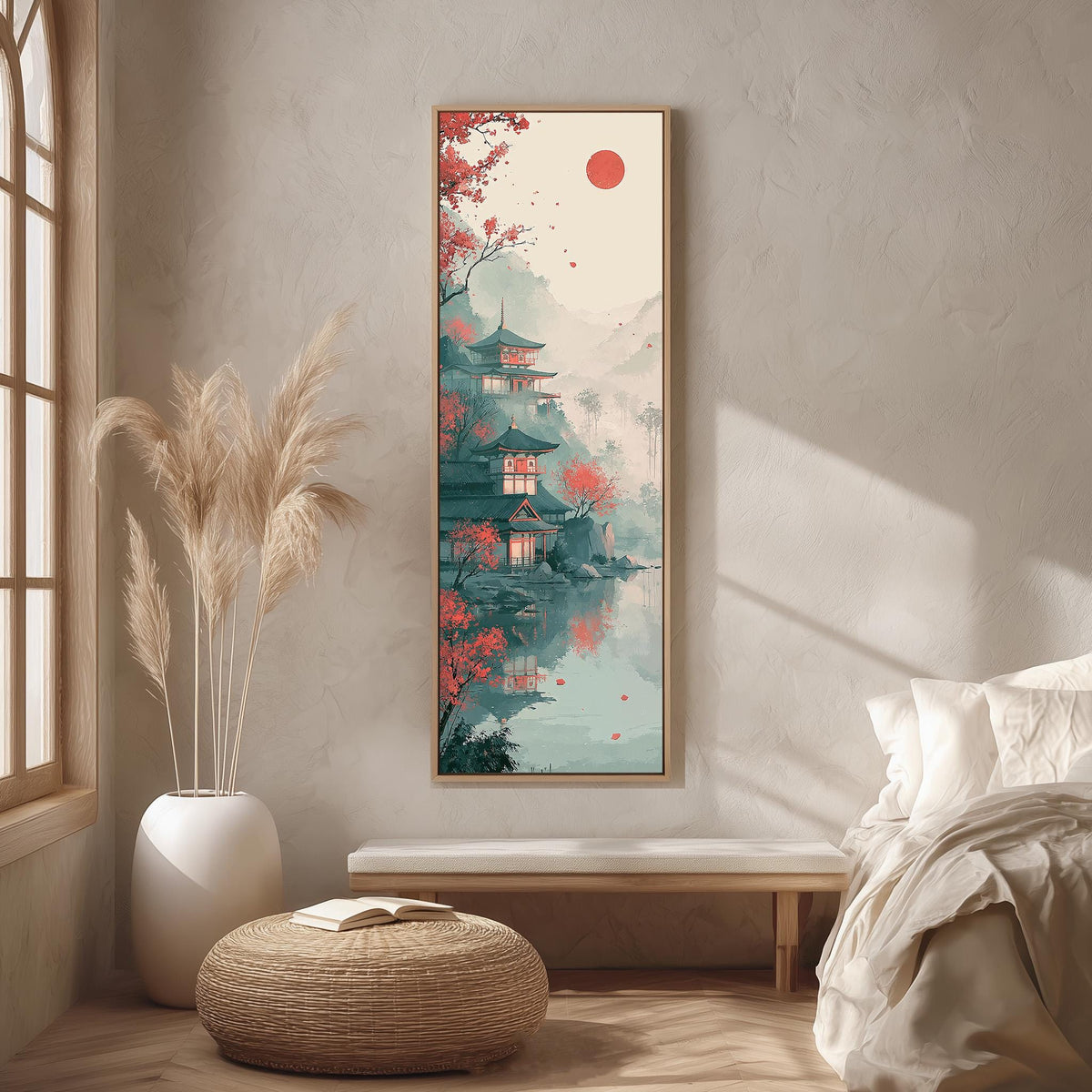 Pagoda by a misty lake under a red sun long vertical canvas print in a bright reading corner