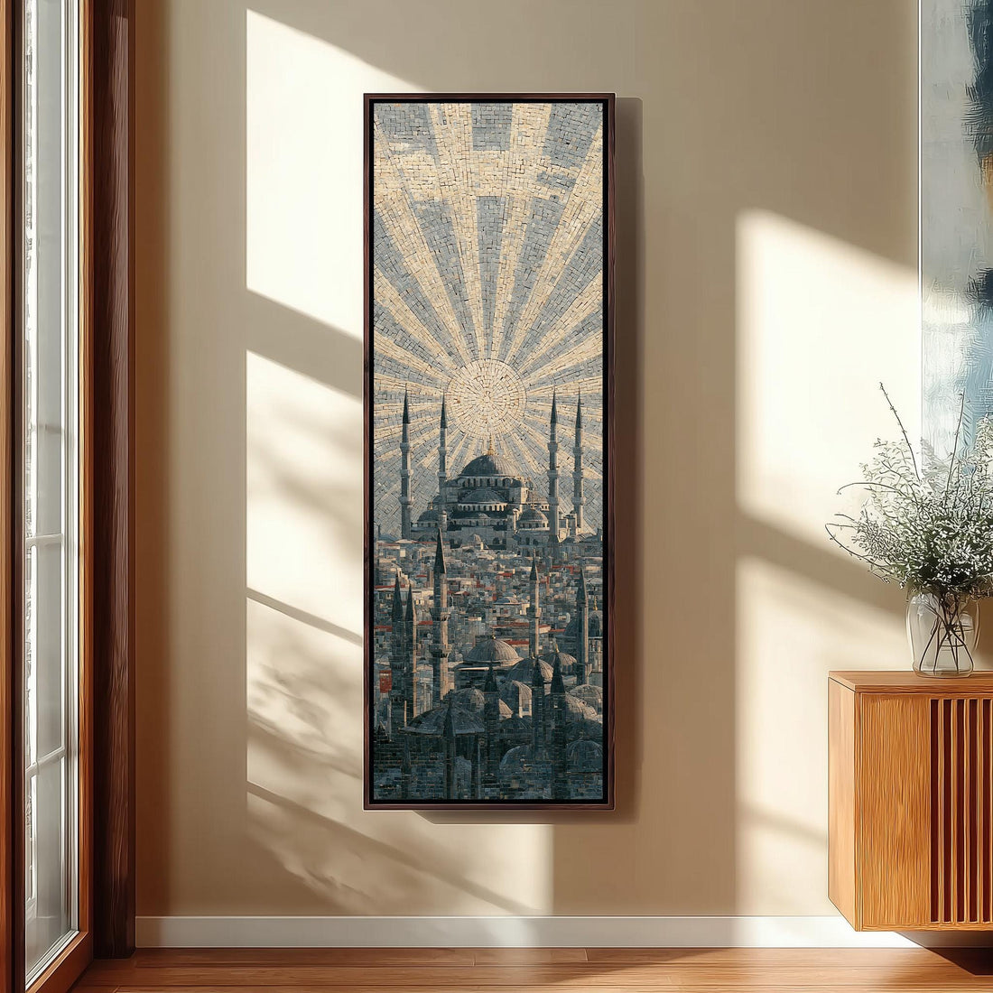 Sunburst over an Istanbul mosque skyline long vertical canvas print in a sunlit living space