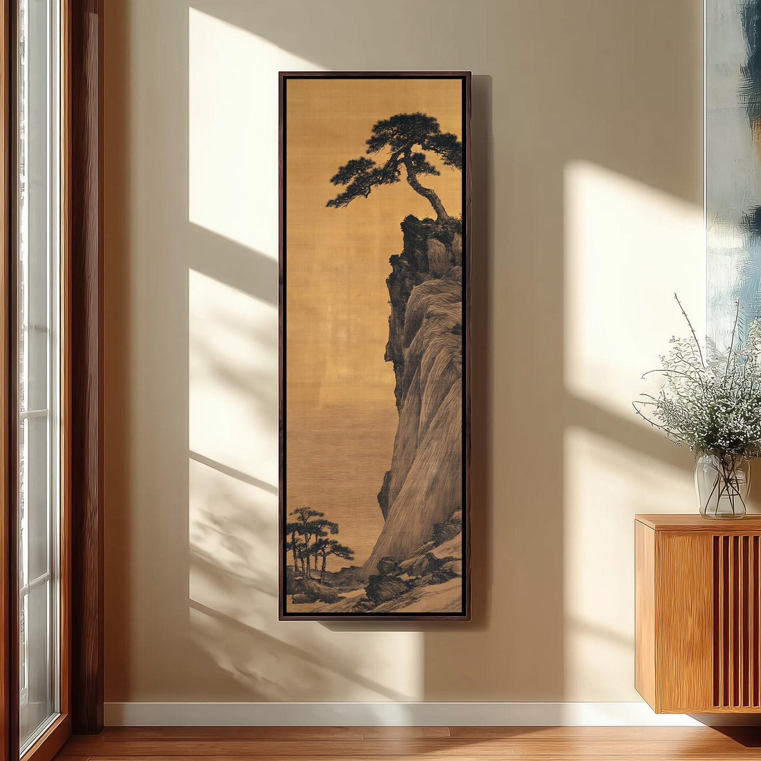 Pine tree on a rocky cliff long vertical canvas print in a sunlit living space