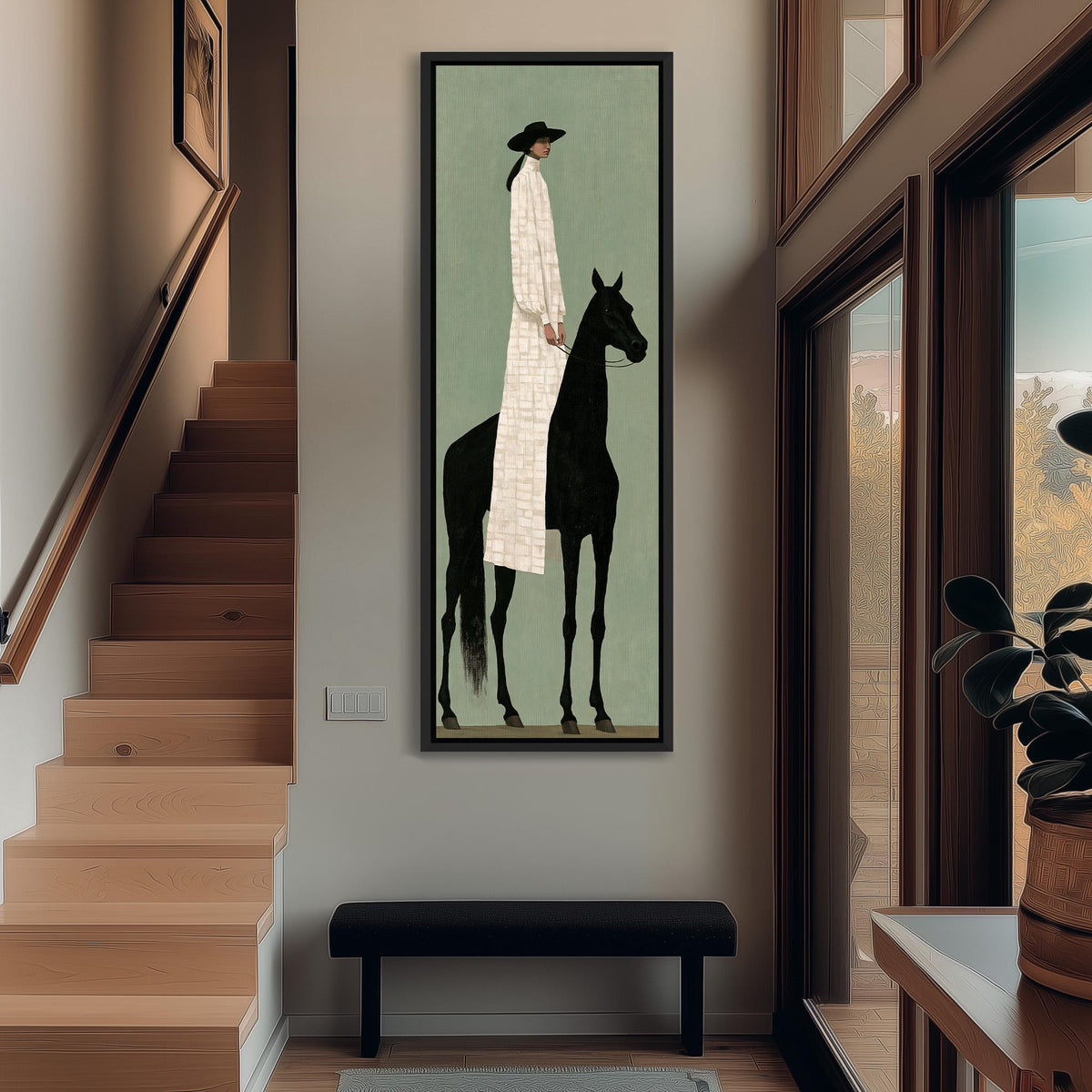 Woman in a long coat beside a black horse tall narrow canvas print beside a staircase in an entryway