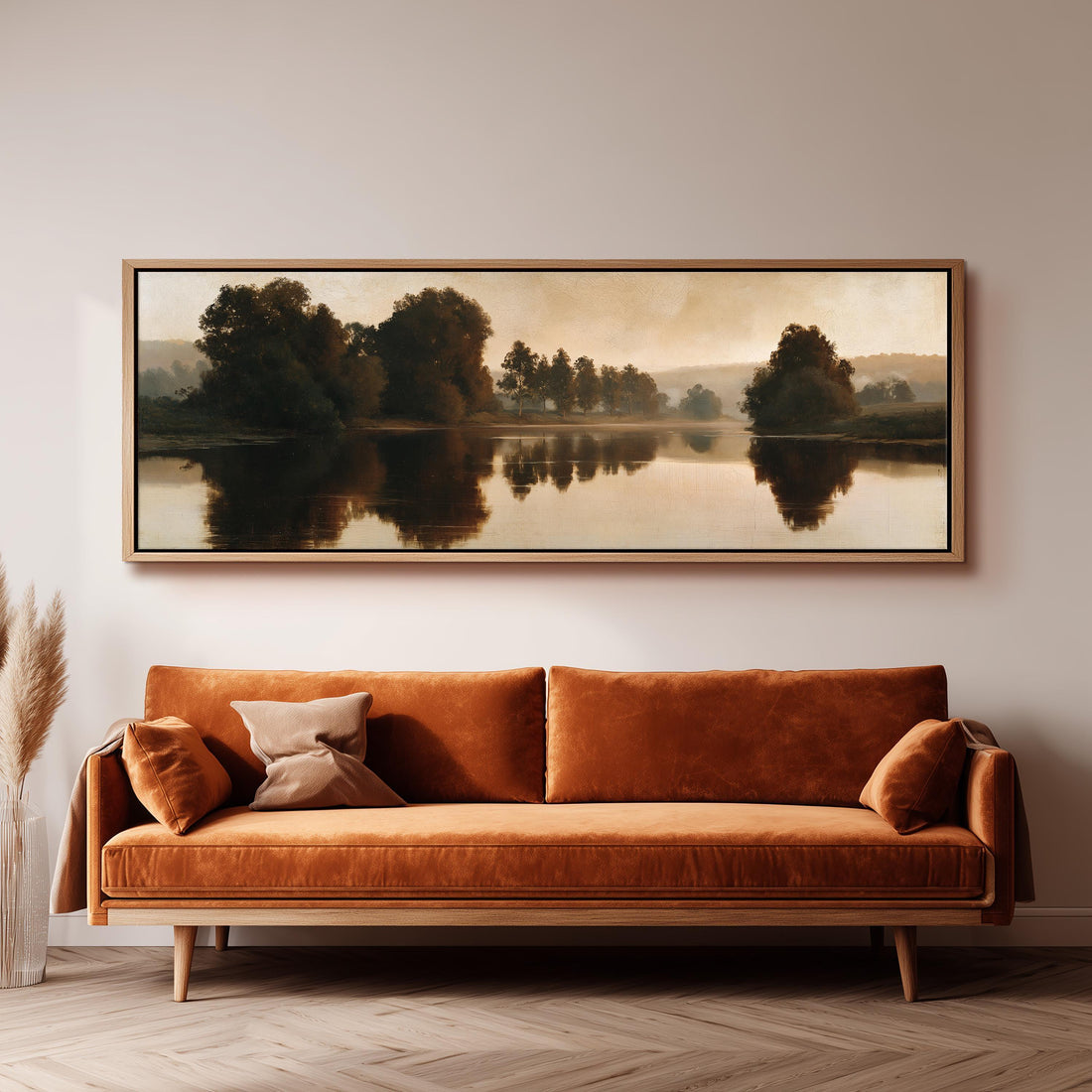 Forest lake reflection at dusk long horizontal canvas print above a sofa in a living room