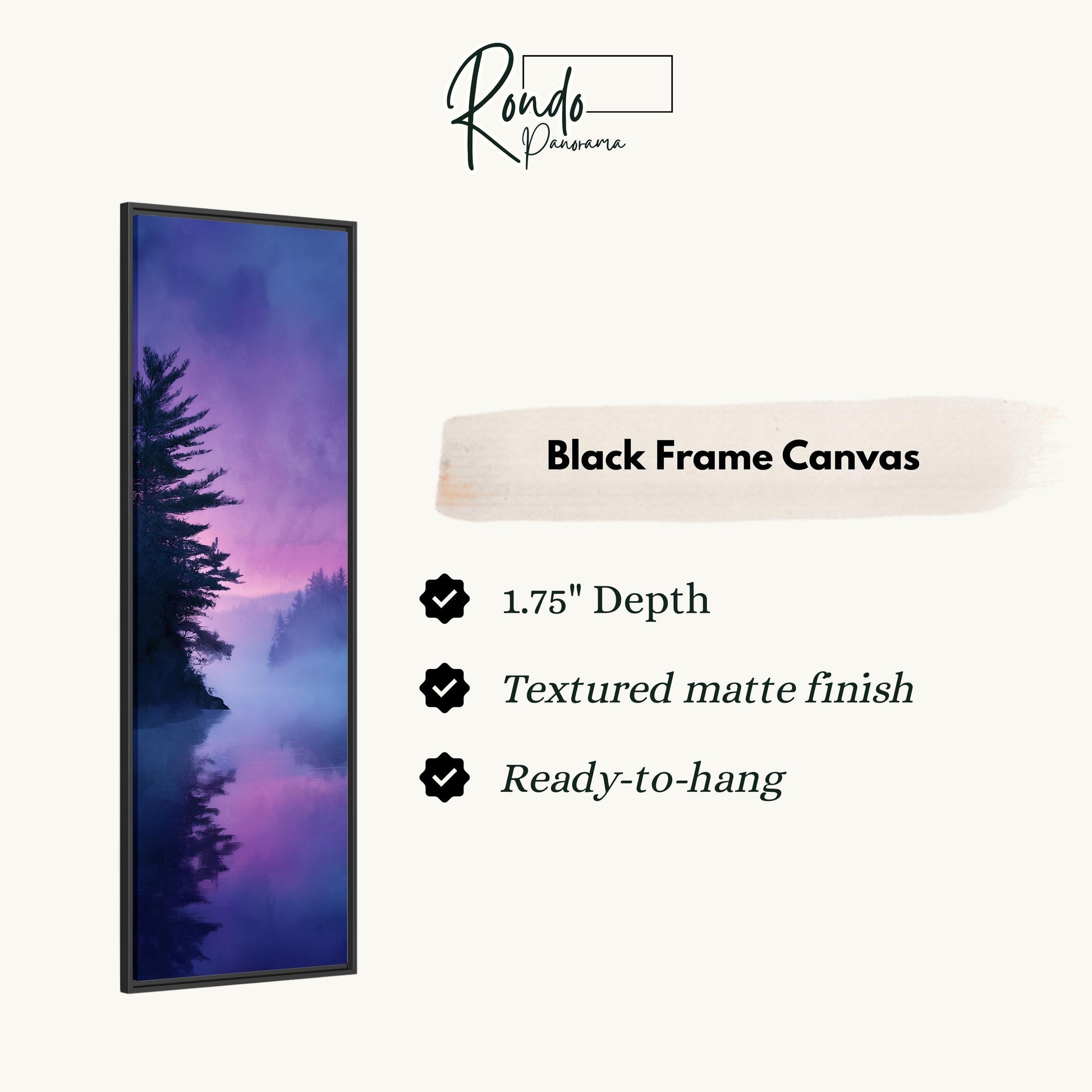 The image is a black frame canvas depicting a serene landscape with a tree and a body of water.