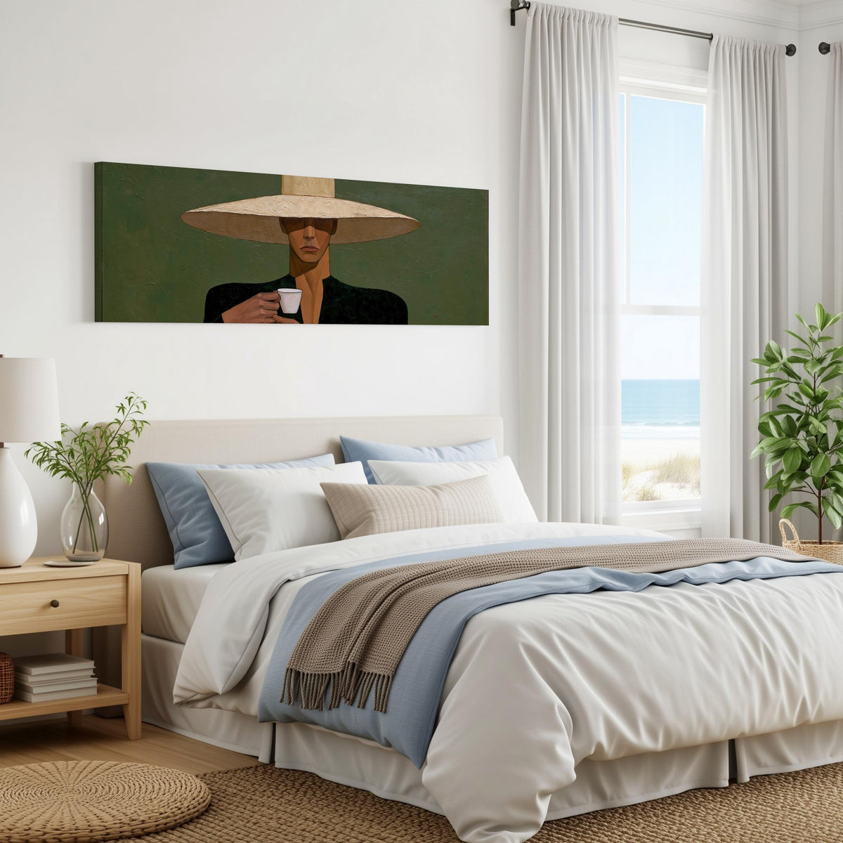 Shadowed woman in a sun hat with espresso panoramic canvas print above a bed in a coastal bedroom