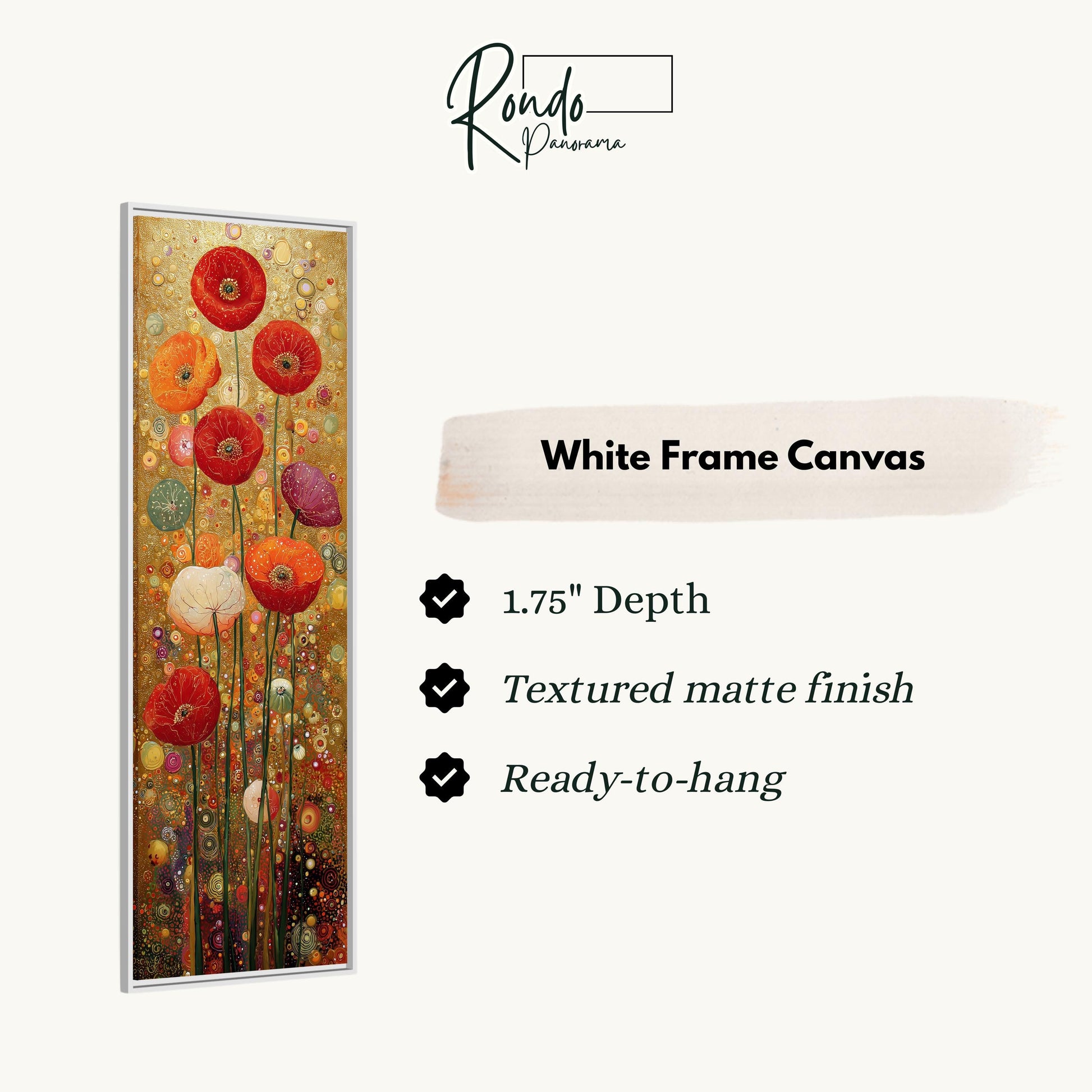 The image is a white frame canvas featuring a vibrant painting of red and orange flowers. The canvas has a 1.75" depth, a textured matte finish, and is ready to hang.