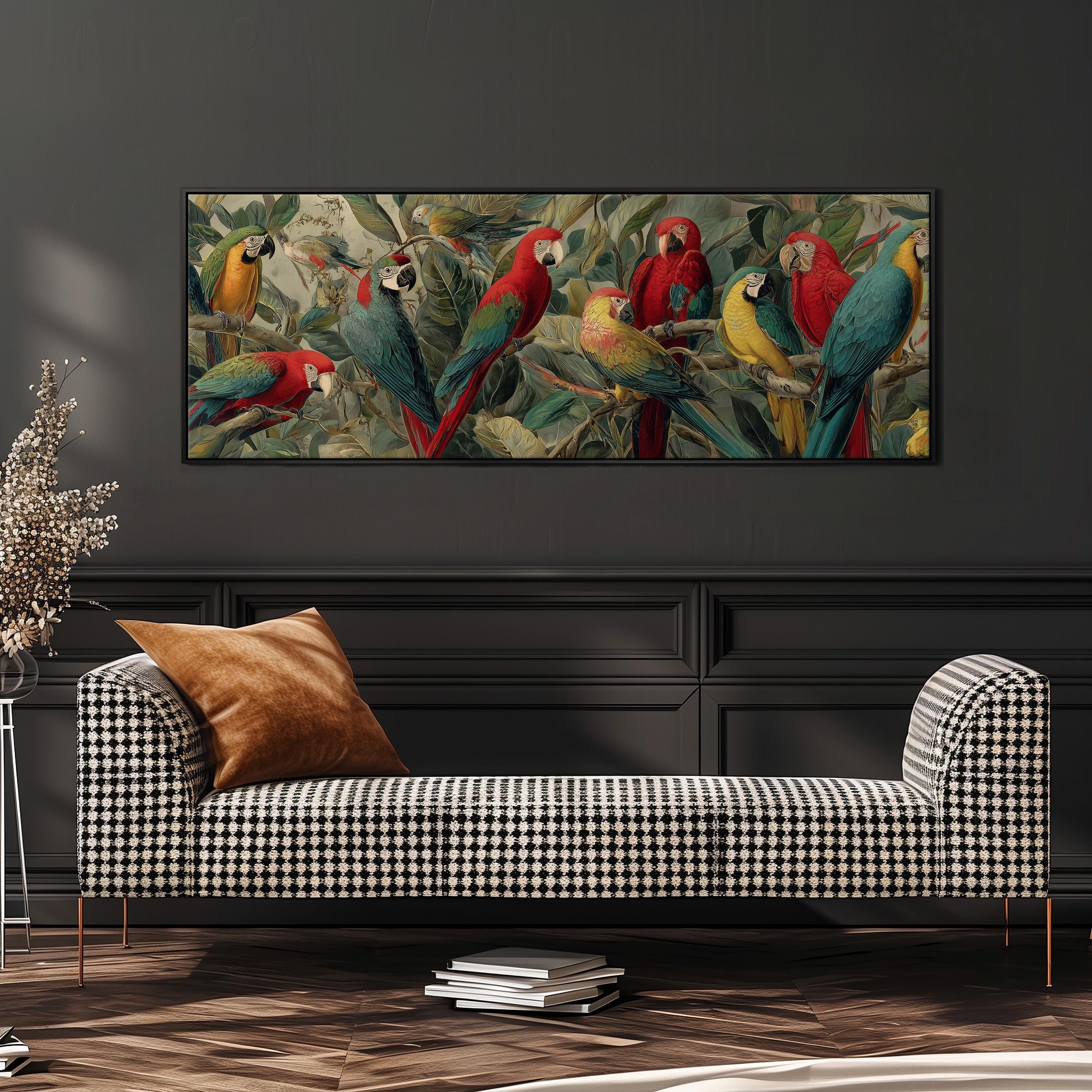 a large, colorful painting of parrots perched on branches, hanging on a wall above a black and white checkered sofa.