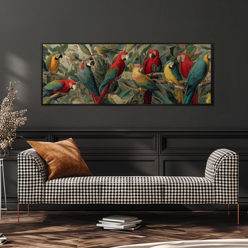 a large, colorful painting of parrots perched on branches, hanging on a wall above a black and white checkered sofa.