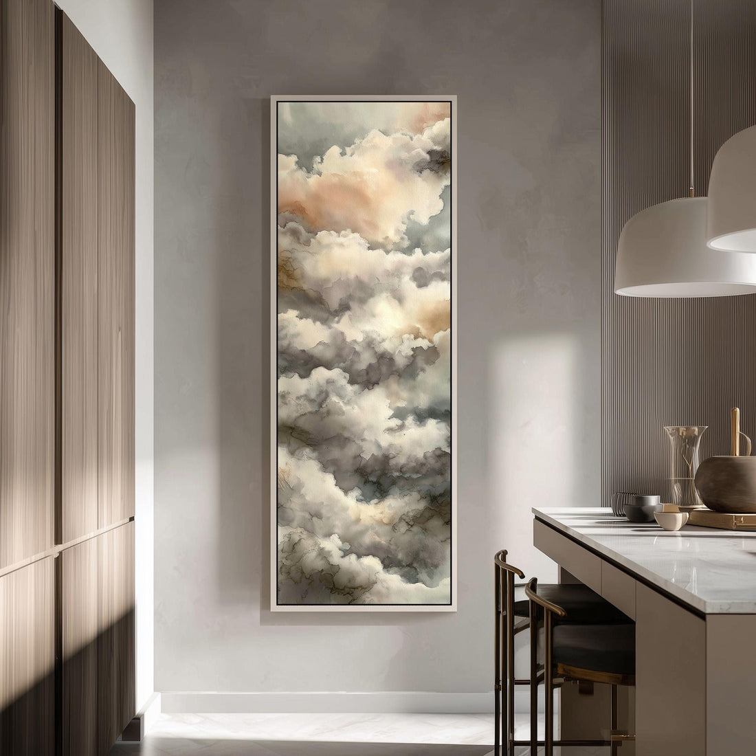 a large, framed painting of clouds hanging on a wall in a modern kitchen.