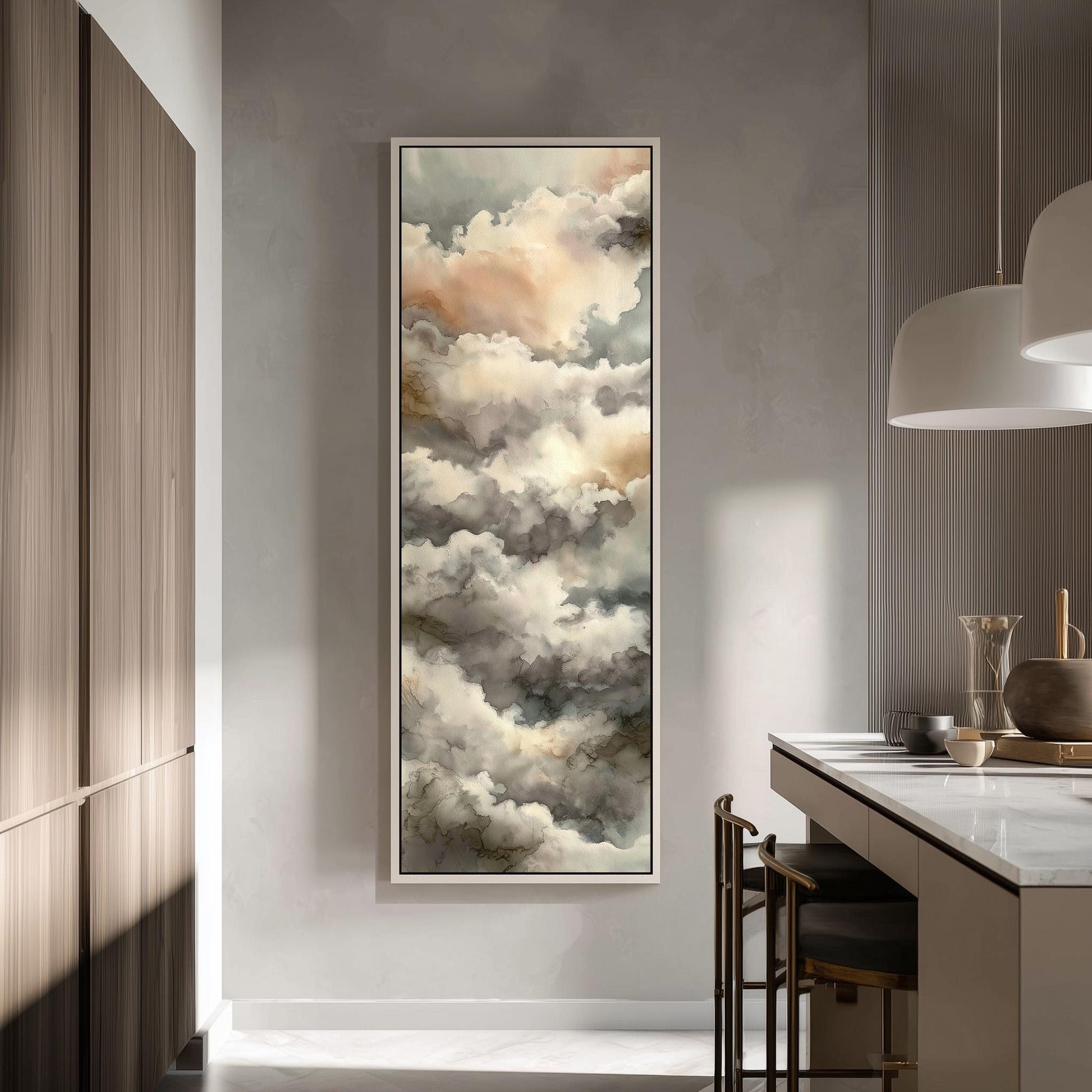 a large, framed painting of clouds hanging on a wall in a modern kitchen.