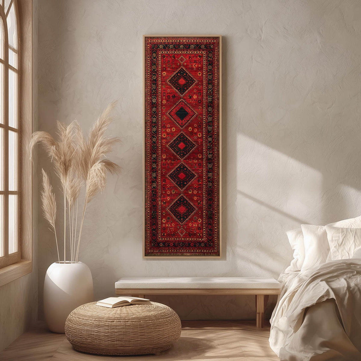 Red Persian rug pattern long vertical canvas print in a bright reading corner