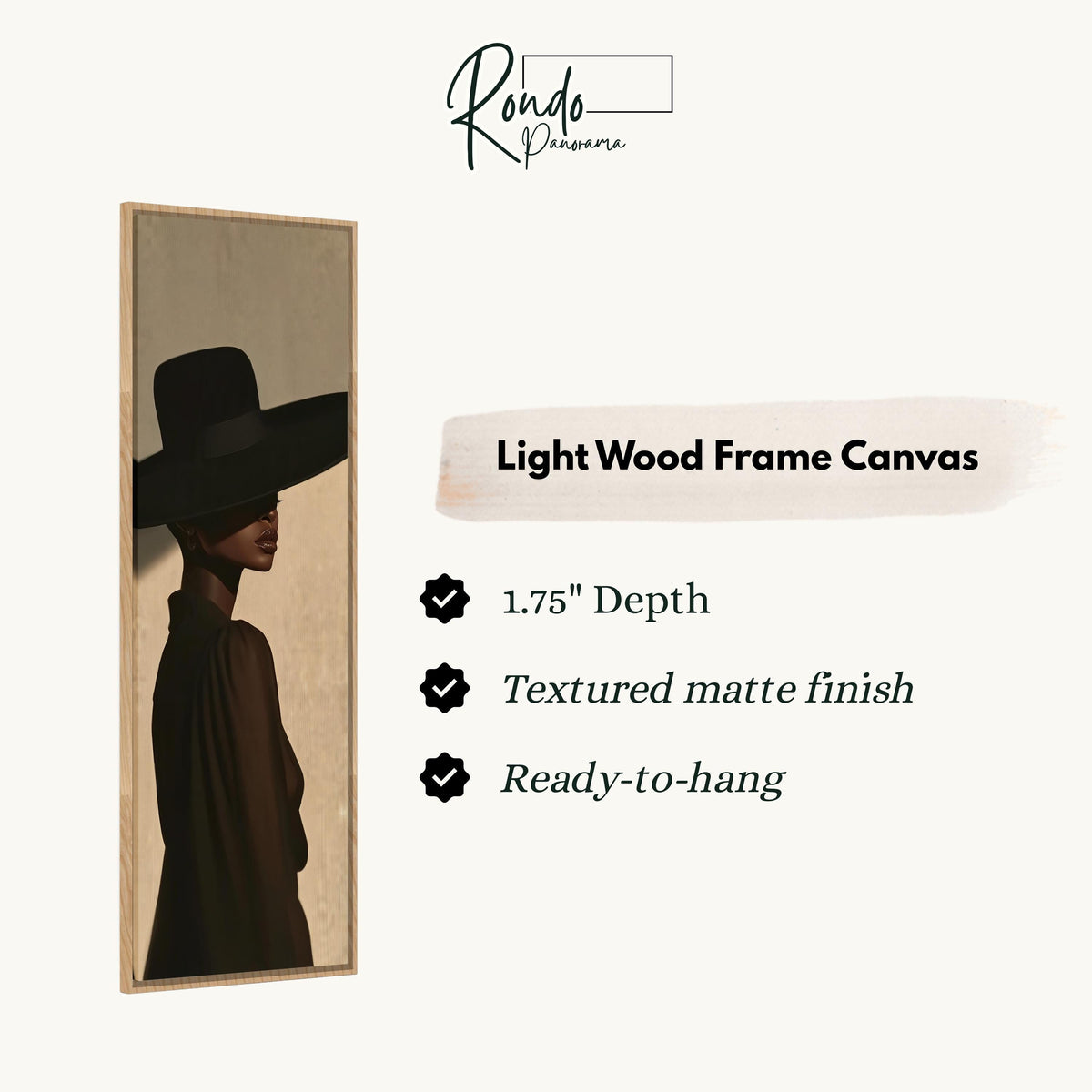 Woman in a wide black hat in profile canvas print in a light wood floating frame