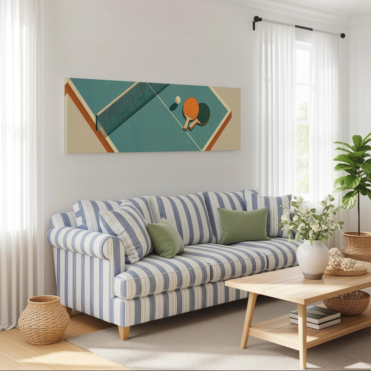 Retro ping pong table long horizontal canvas print above a striped sofa in a coastal living room