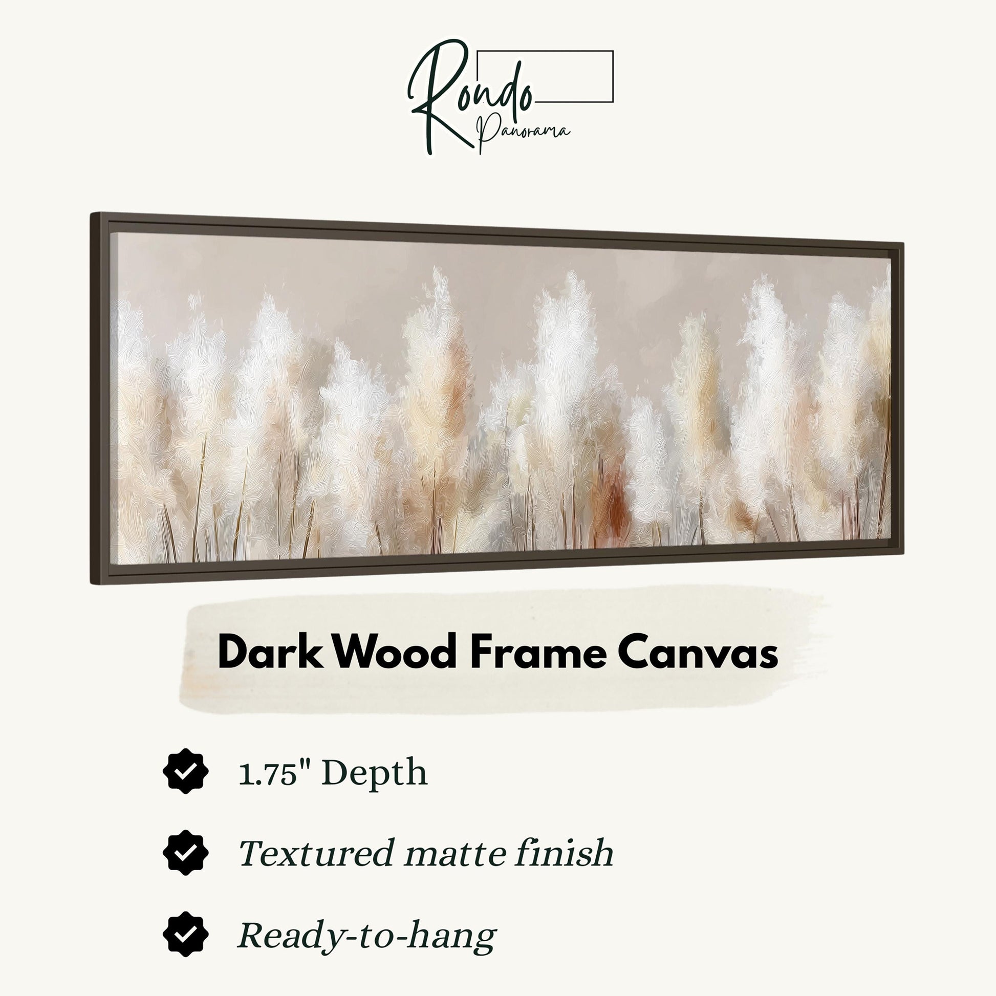 The image is a framed artwork depicting a field of tall grasses or reeds, with a dark wood frame.