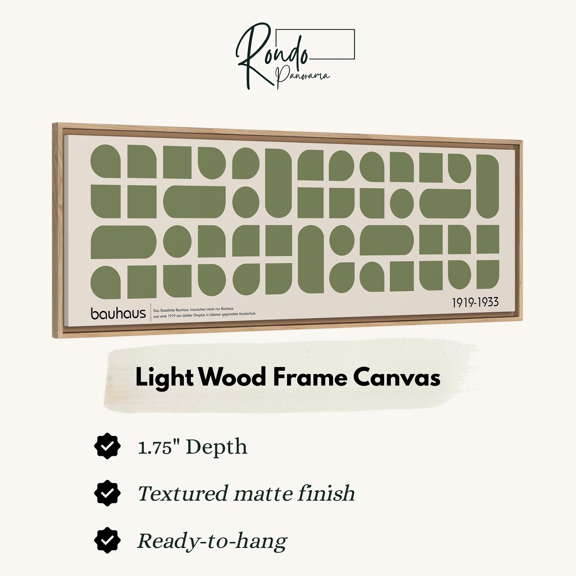 a light wood frame canvas with a geometric pattern in shades of green. The canvas has a 1.75" depth and is textured with a matte finish. It is ready-to-hang.