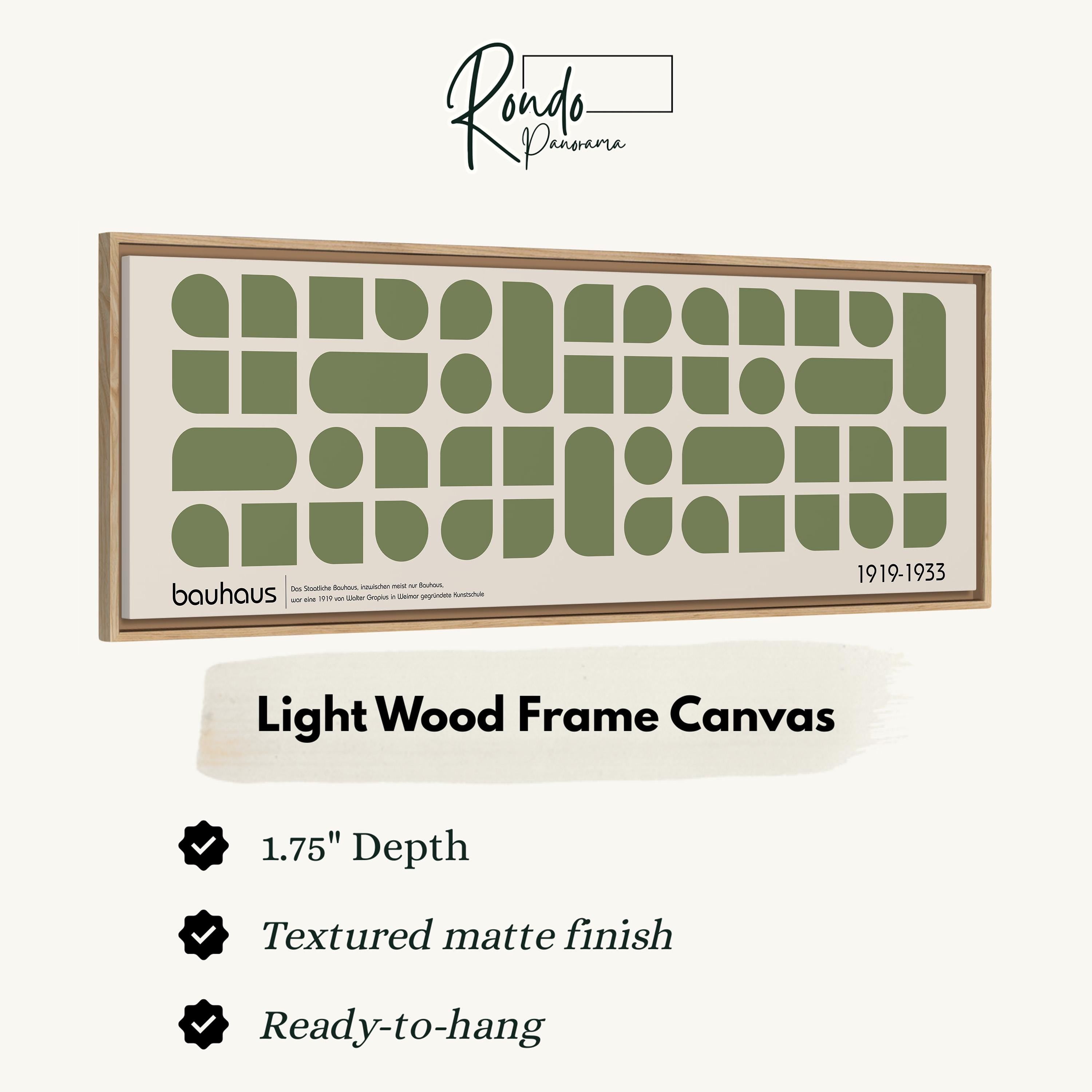 a light wood frame canvas with a geometric pattern in shades of green. The canvas has a 1.75" depth and is textured with a matte finish. It is ready-to-hang.